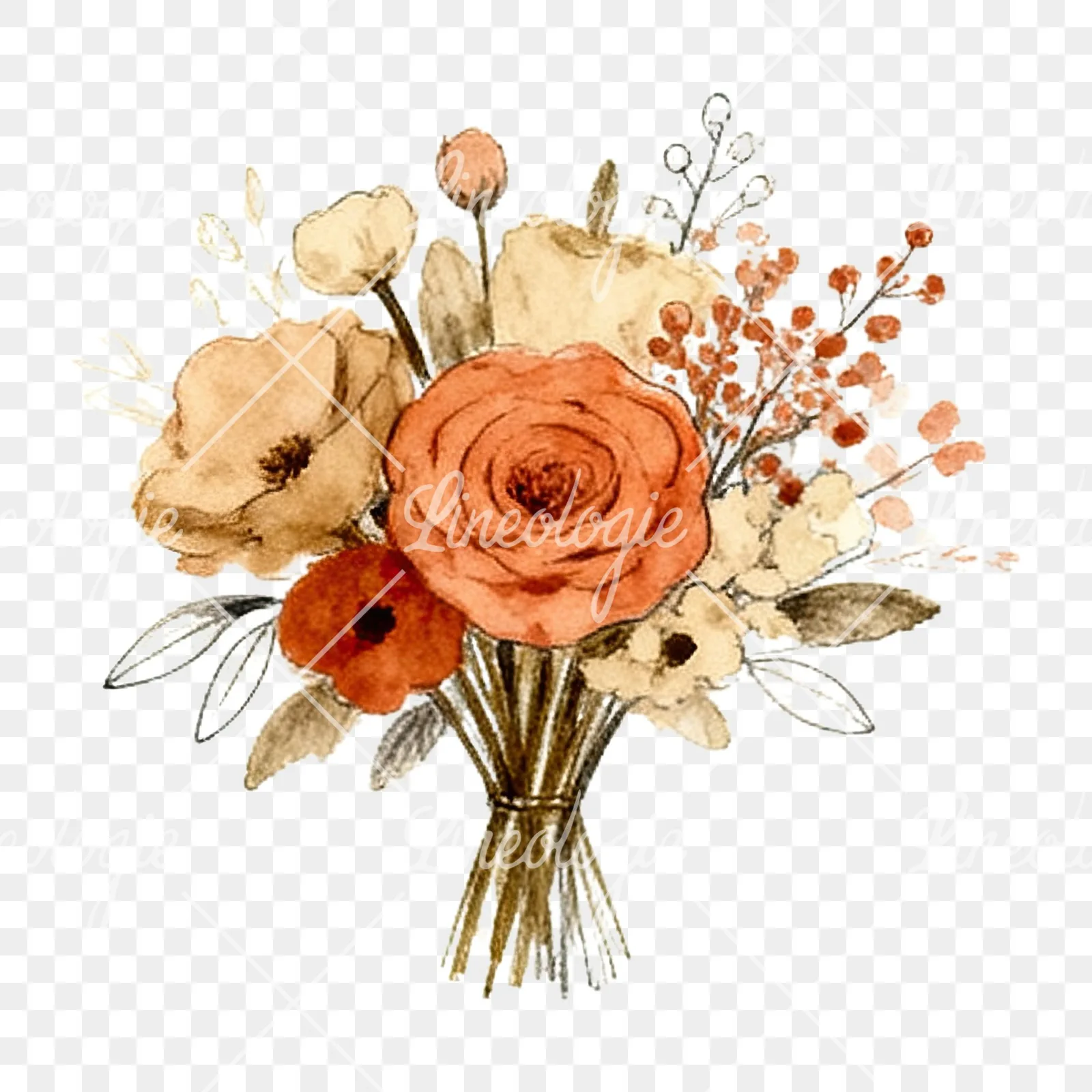 Watercolor terracotta and cream wedding bouquet clipart 5 of 12 on a transparent background (PNG)