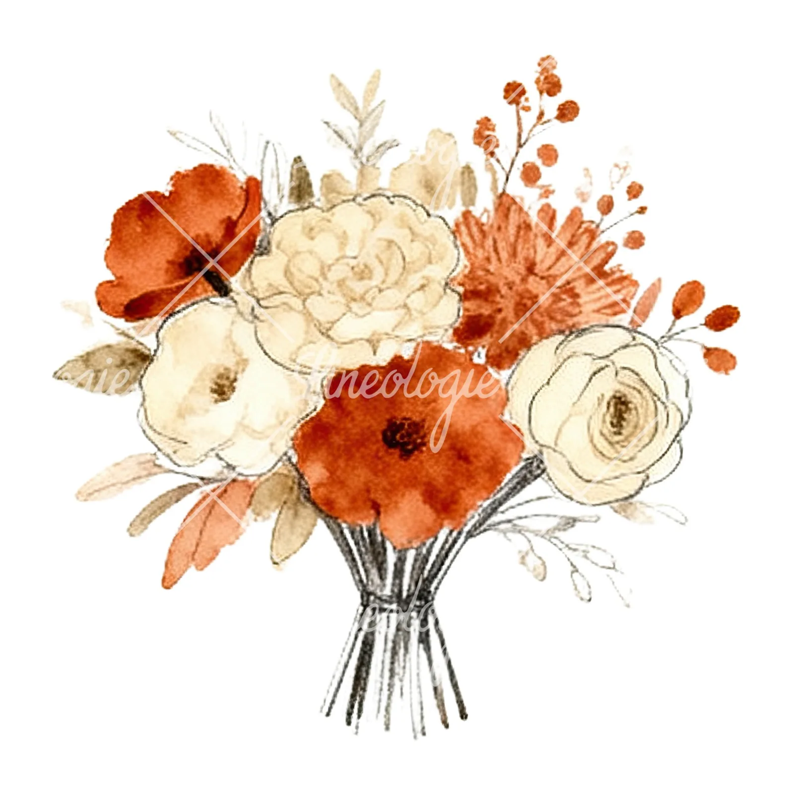 Watercolor terracotta and cream wedding bouquet clipart 6 of 12 on a white background (JPG)