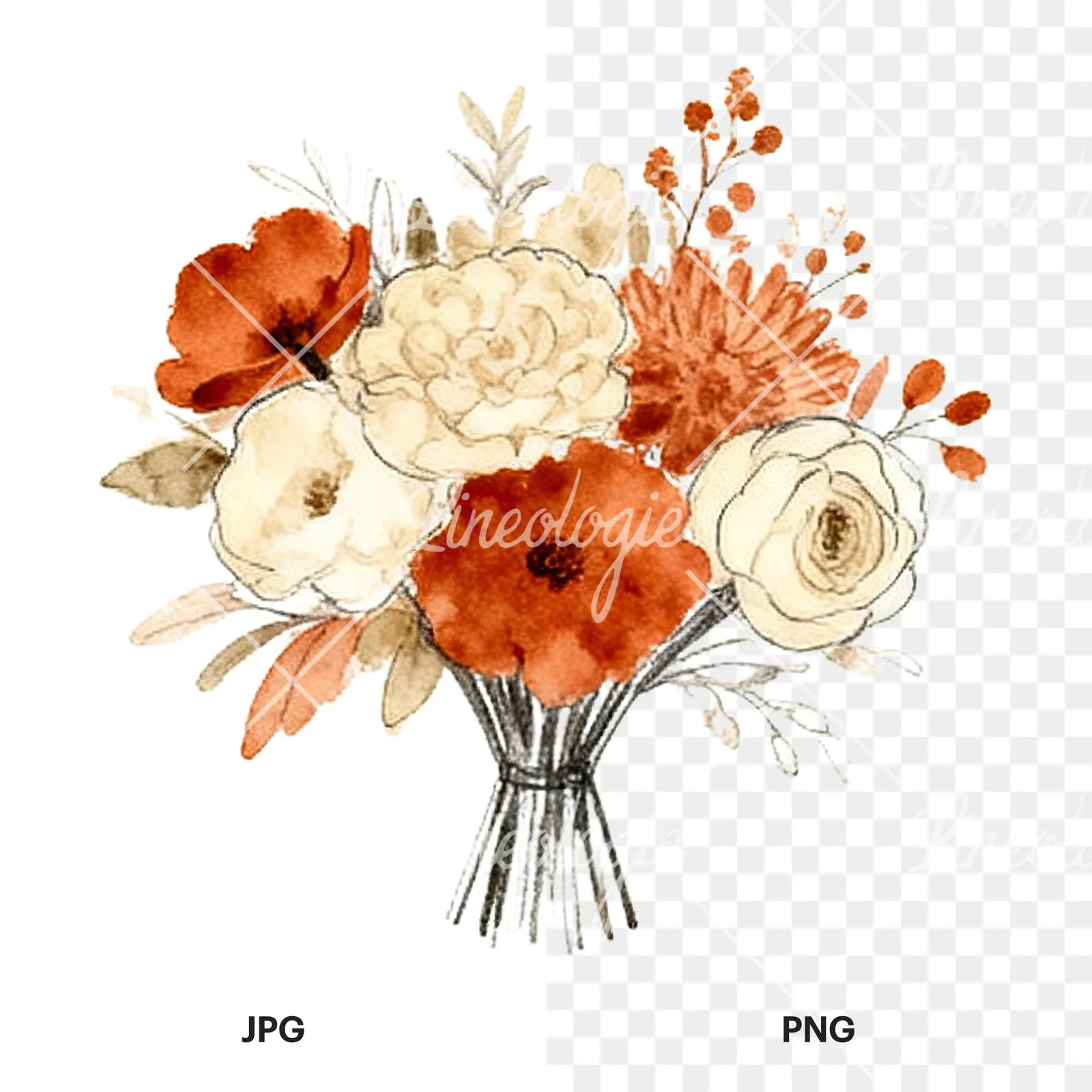 Watercolor terracotta and cream wedding bouquet clipart 6 of 12, as a JPG on white and a transparent PNG