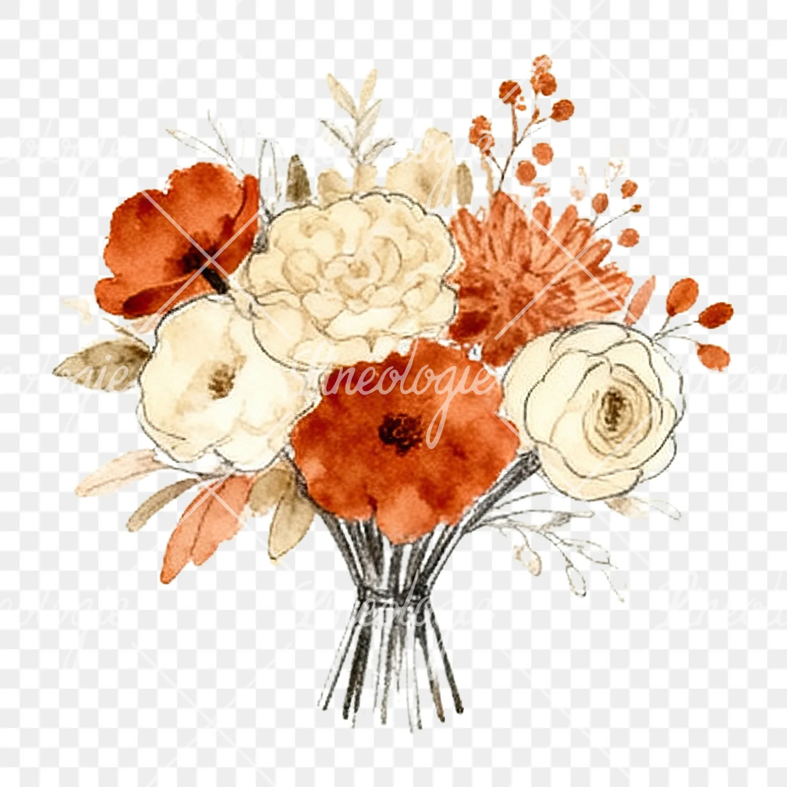 Watercolor terracotta and cream wedding bouquet clipart 6 of 12 on a transparent background (PNG)