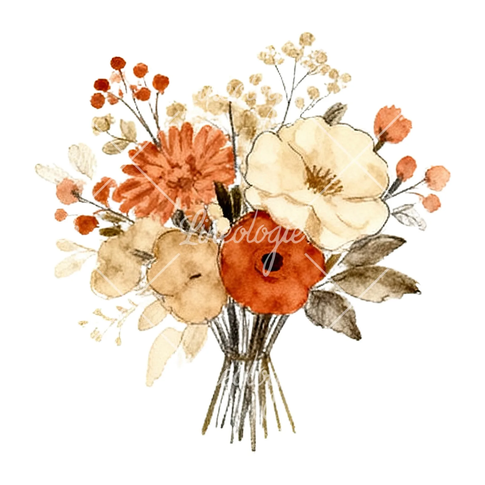 Watercolor terracotta and cream wedding bouquet clipart 7 of 12 on a white background (JPG)