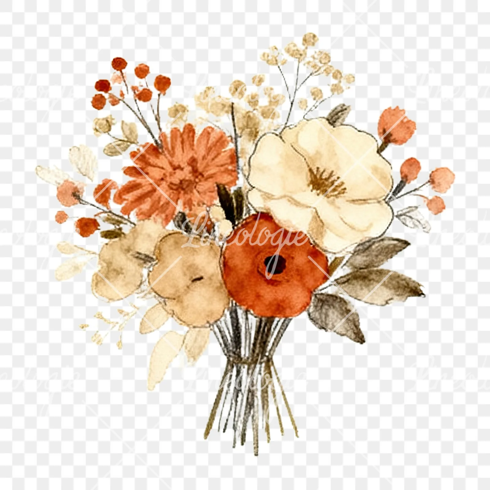 Watercolor terracotta and cream wedding bouquet clipart 7 of 12 on a transparent background (PNG)