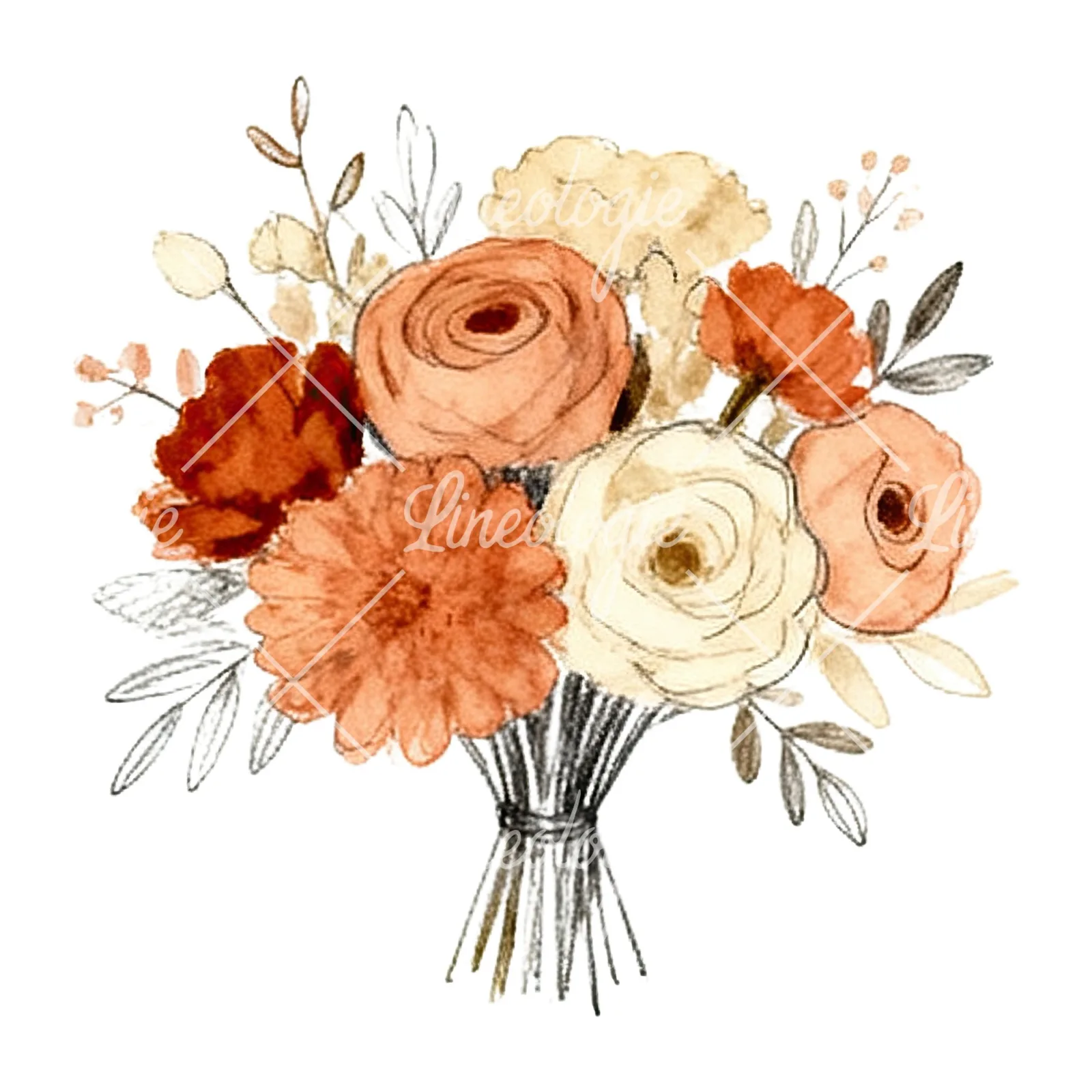 Watercolor terracotta and cream wedding bouquet clipart 8 of 12 on a white background (JPG)