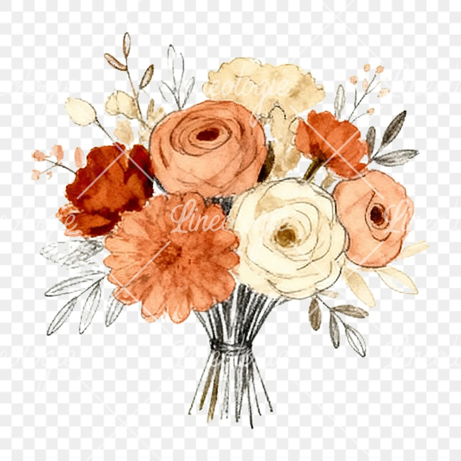 Watercolor terracotta and cream wedding bouquet clipart 8 of 12 on a transparent background (PNG)