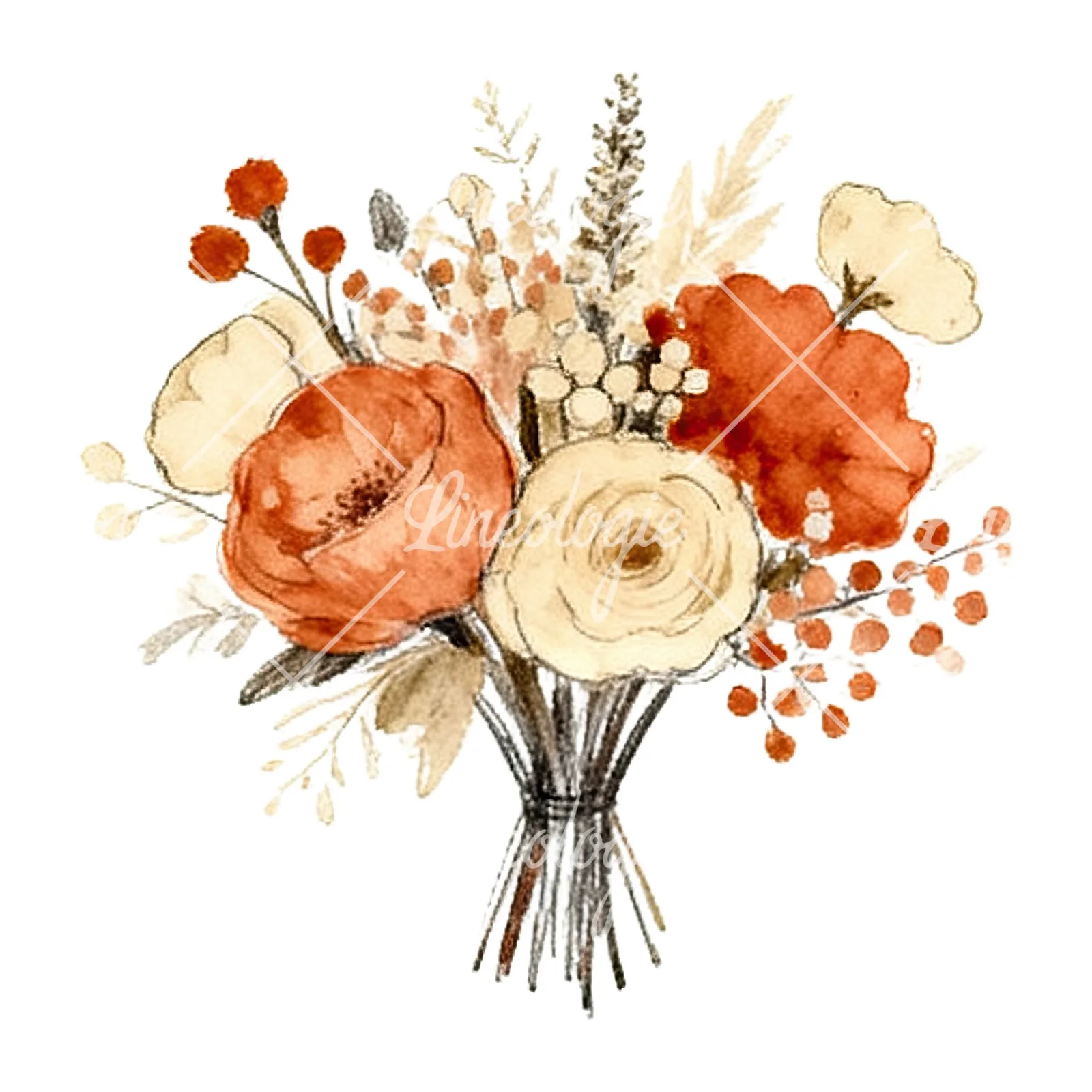 Watercolor terracotta and cream wedding bouquet clipart 9 of 12 on a white background (JPG)