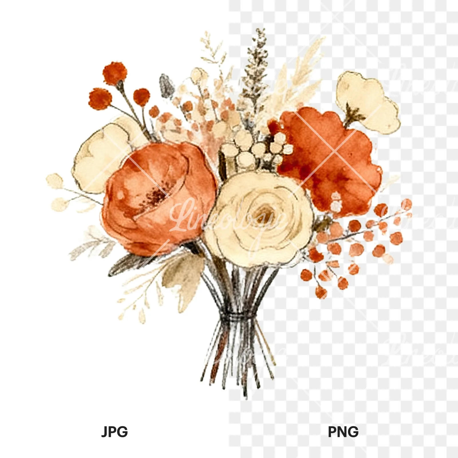 Watercolor terracotta and cream wedding bouquet clipart 9 of 12, as a JPG on white and a transparent PNG