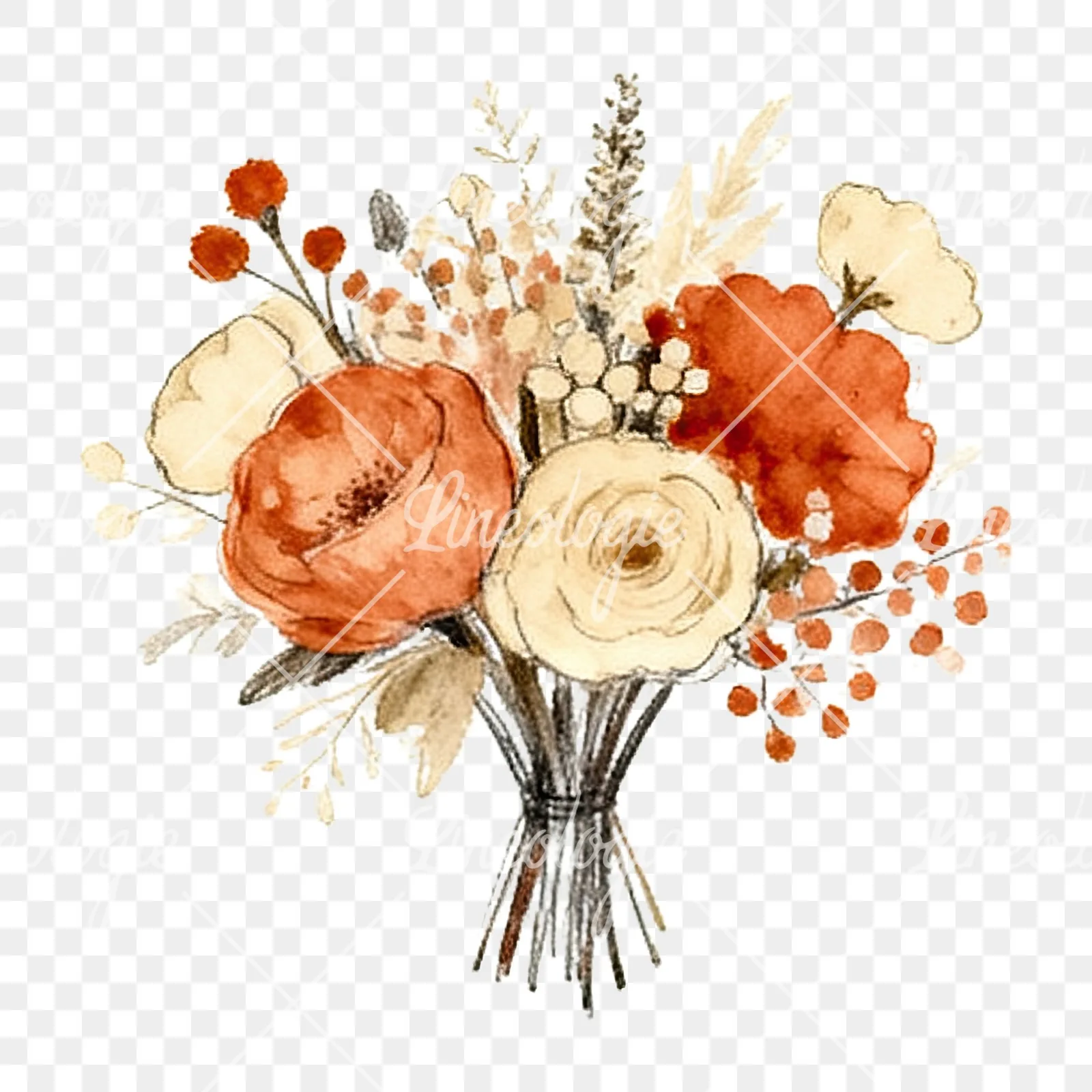 Watercolor terracotta and cream wedding bouquet clipart 9 of 12 on a transparent background (PNG)