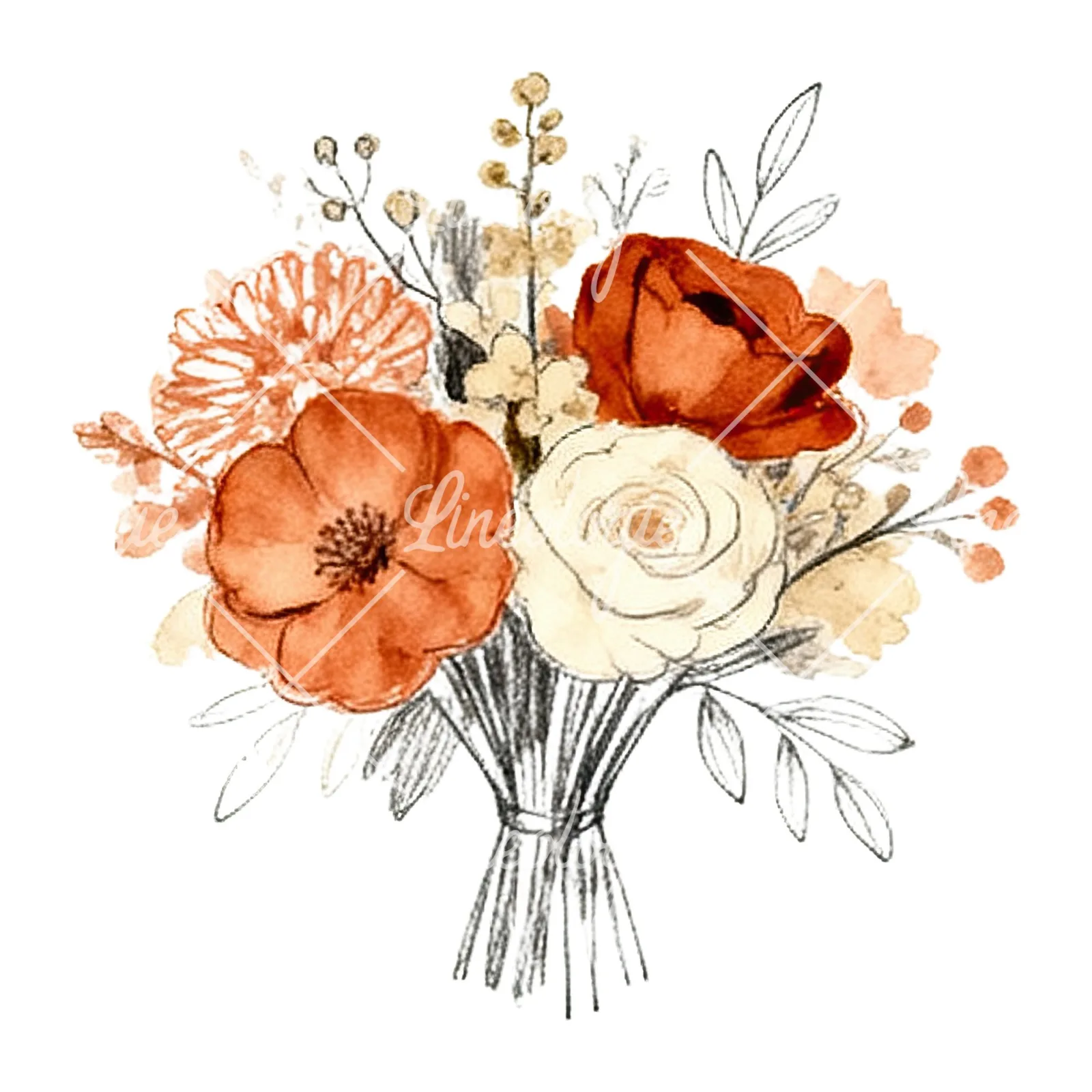 Watercolor terracotta and cream wedding bouquet clipart 10 of 12 on a white background (JPG)