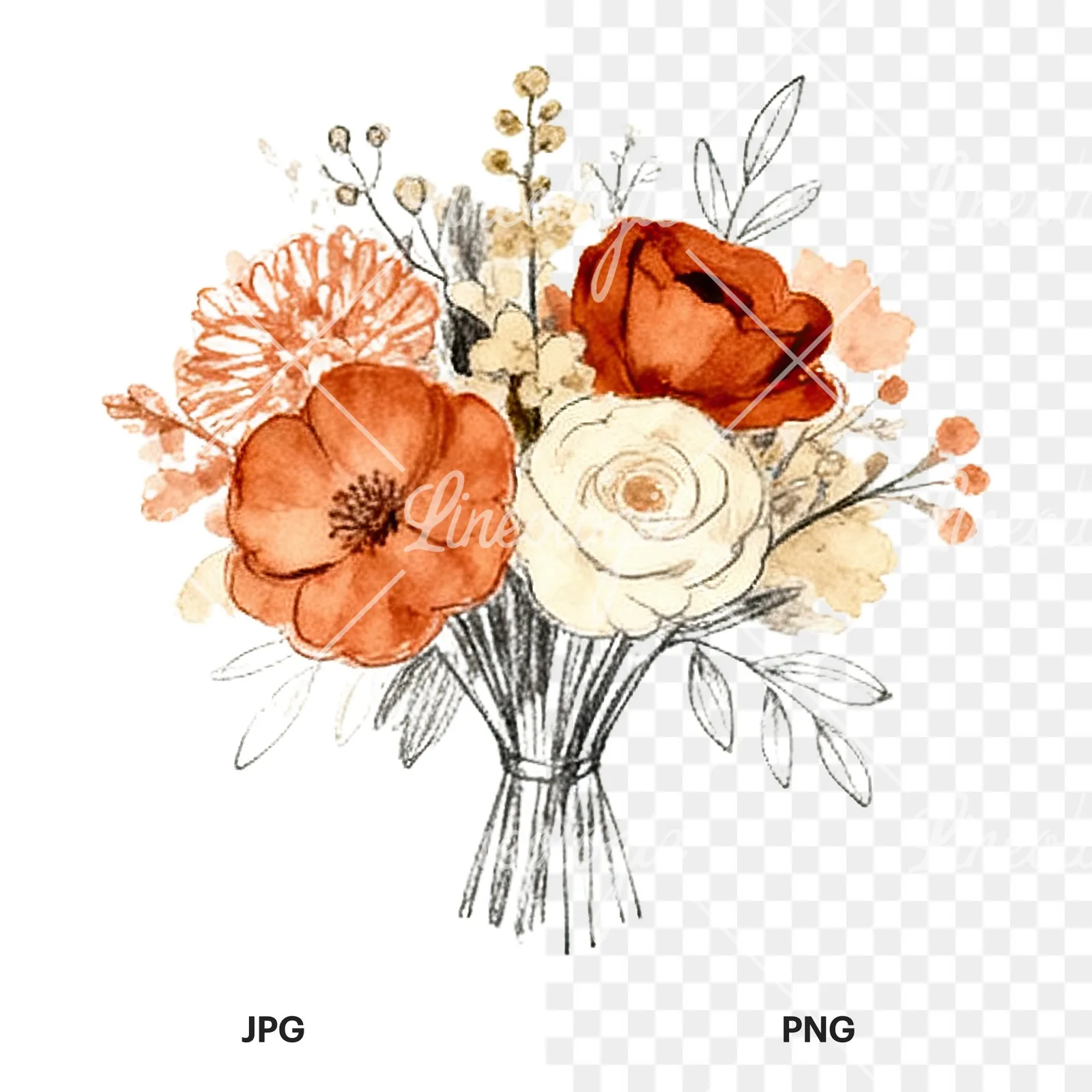 Watercolor terracotta and cream wedding bouquet clipart 10 of 12, as a JPG on white and a transparent PNG