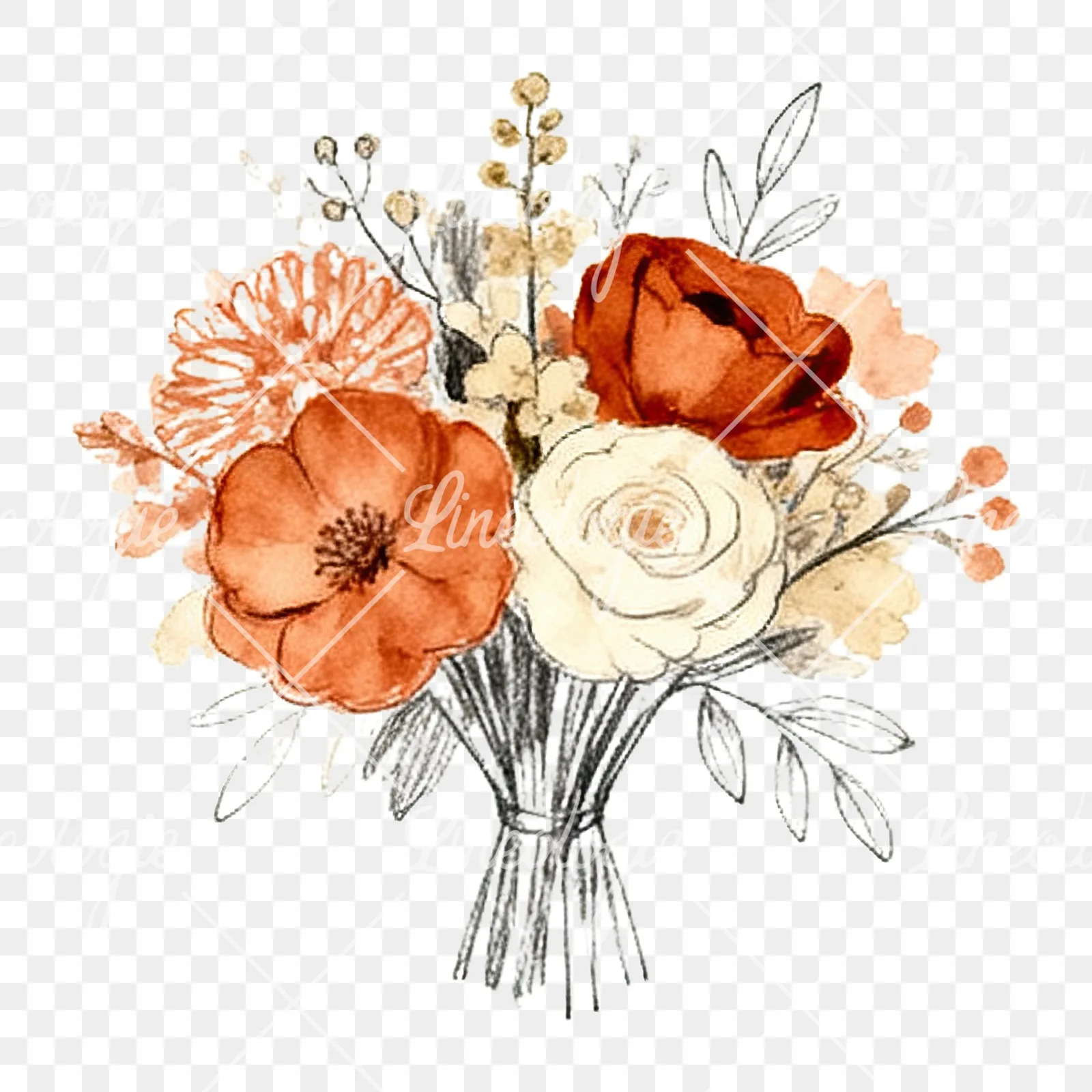 Watercolor terracotta and cream wedding bouquet clipart 10 of 12 on a transparent background (PNG)