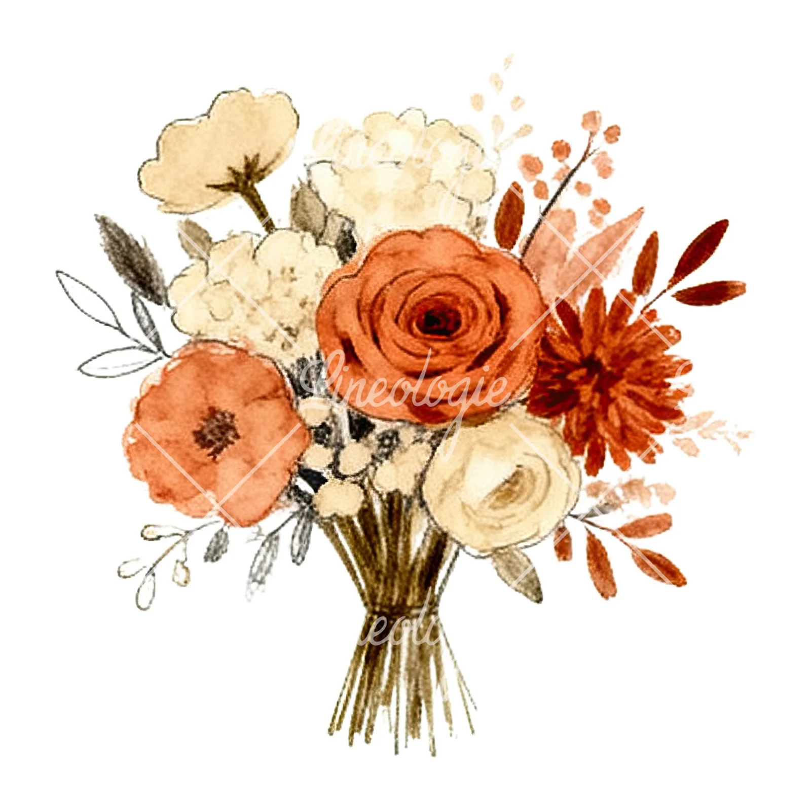 Watercolor terracotta and cream wedding bouquet clipart 11 of 12 on a white background (JPG)