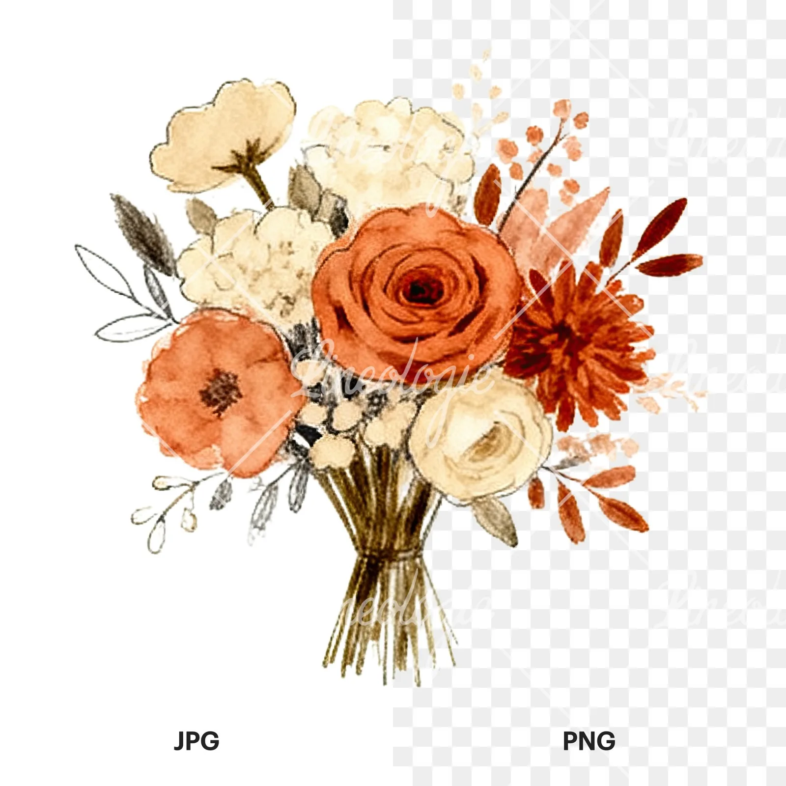 Watercolor terracotta and cream wedding bouquet clipart 11 of 12, as a JPG on white and a transparent PNG