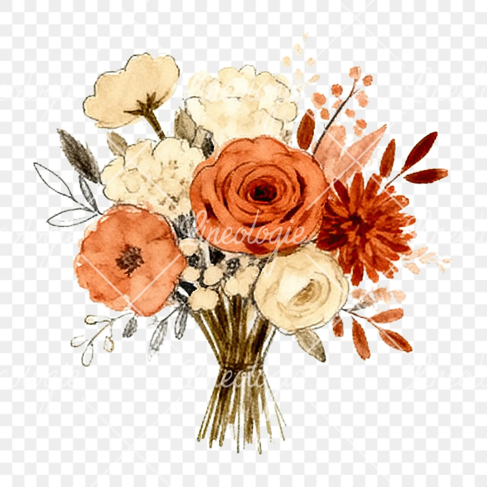 Watercolor terracotta and cream wedding bouquet clipart 11 of 12 on a transparent background (PNG)