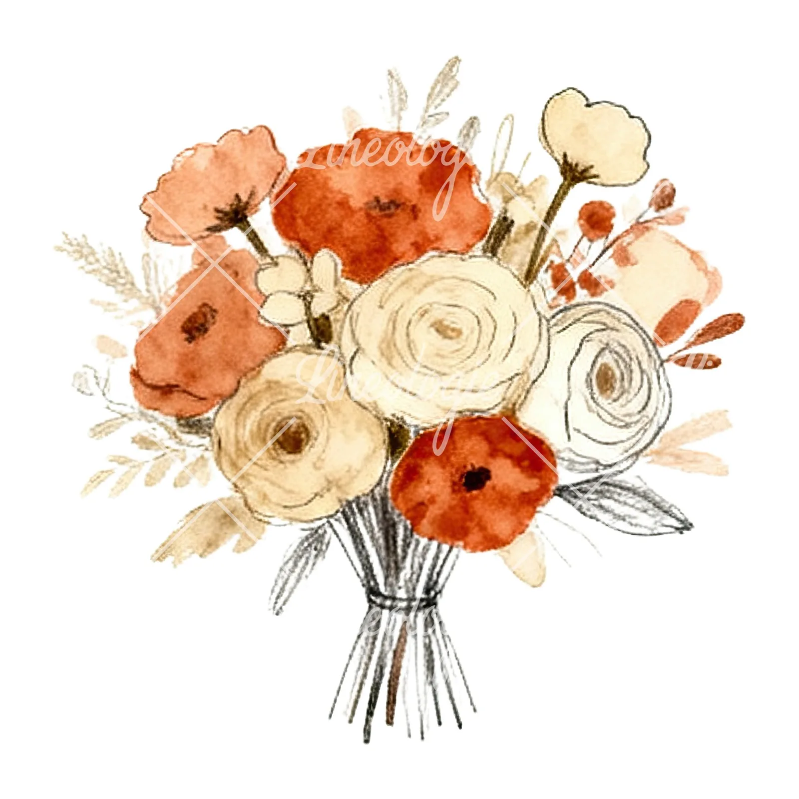 Watercolor terracotta and cream wedding bouquet clipart 12 of 12 on a white background (JPG)
