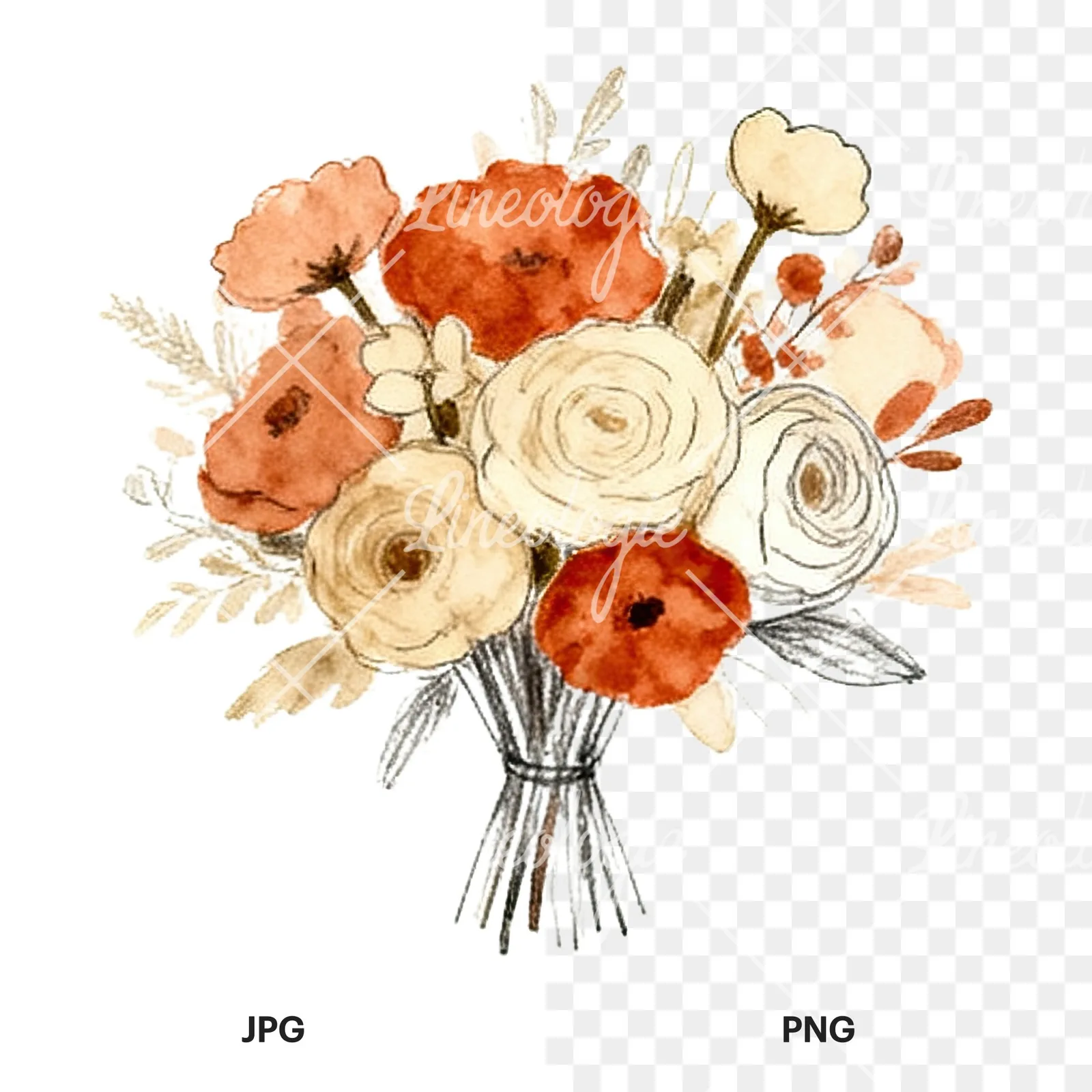 Watercolor terracotta and cream wedding bouquet clipart 12 of 12, as a JPG on white and a transparent PNG