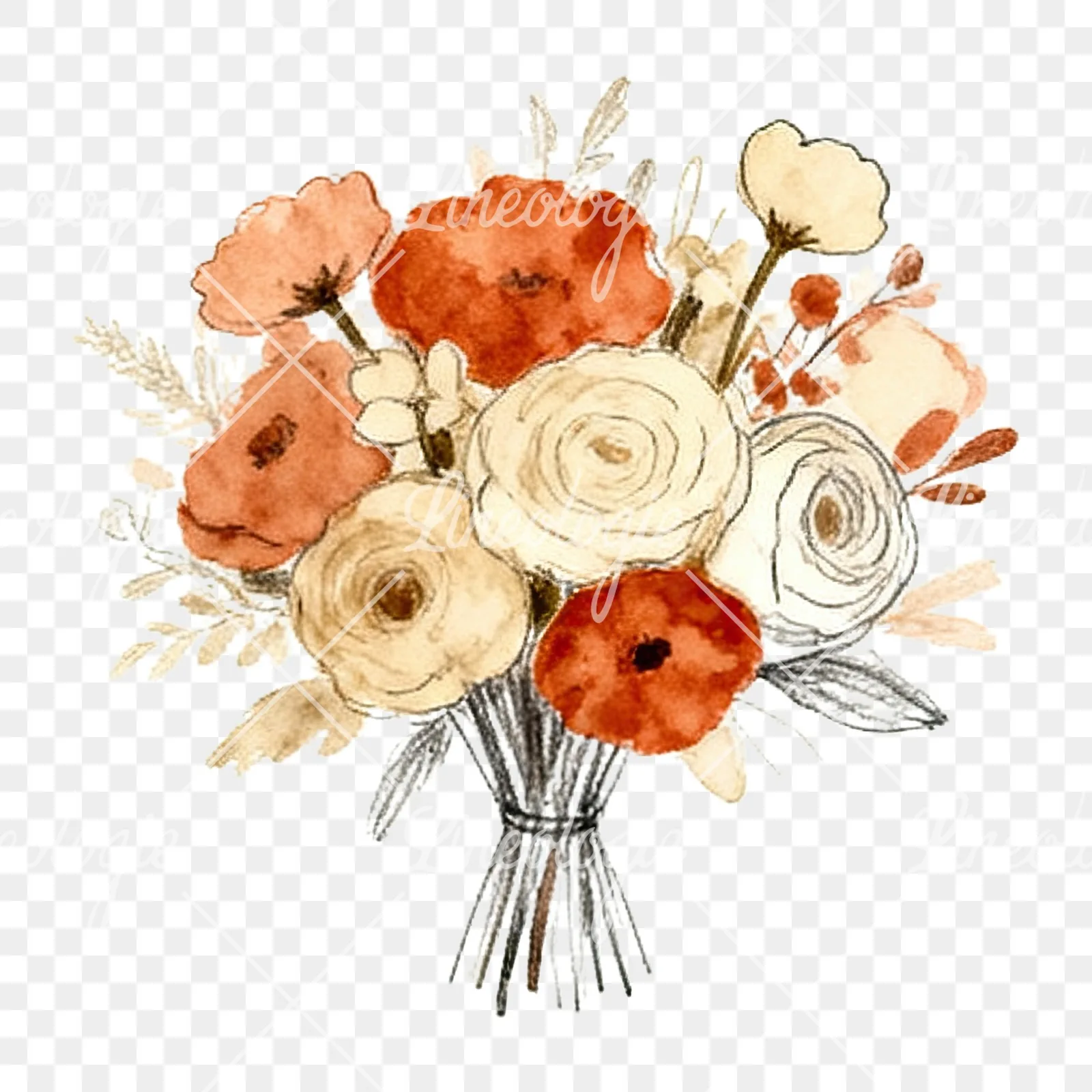 Watercolor terracotta and cream wedding bouquet clipart 12 of 12 on a transparent background (PNG)