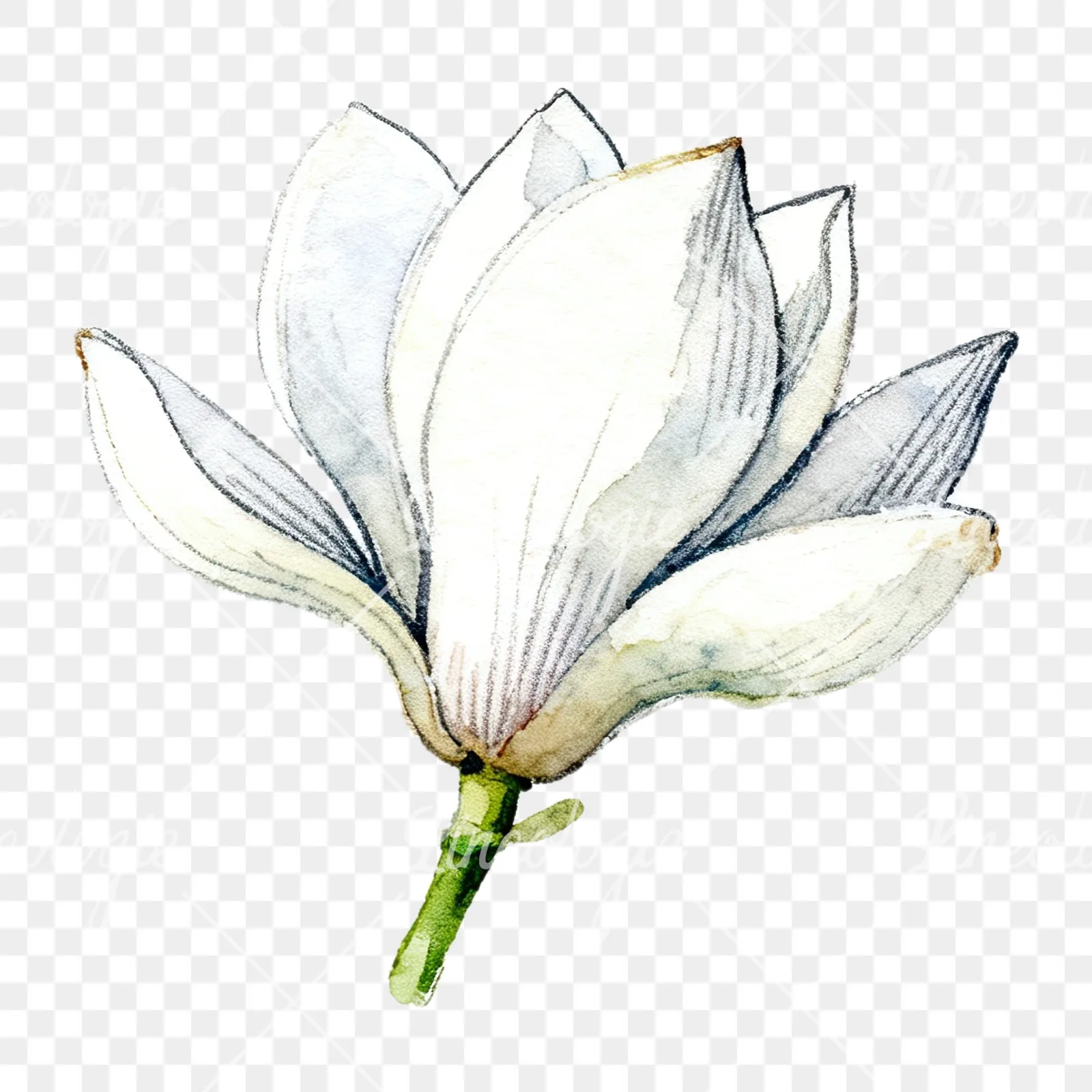 Watercolor white magnolia with closed buds clipart 3 of 12 on a transparent background (PNG)