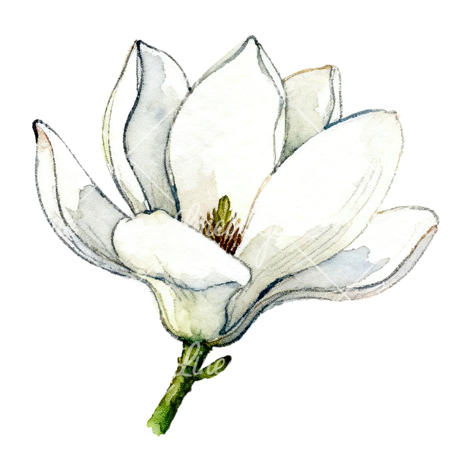 Watercolor white magnolia with closed buds clipart 4 of 12 on a white background (JPG)