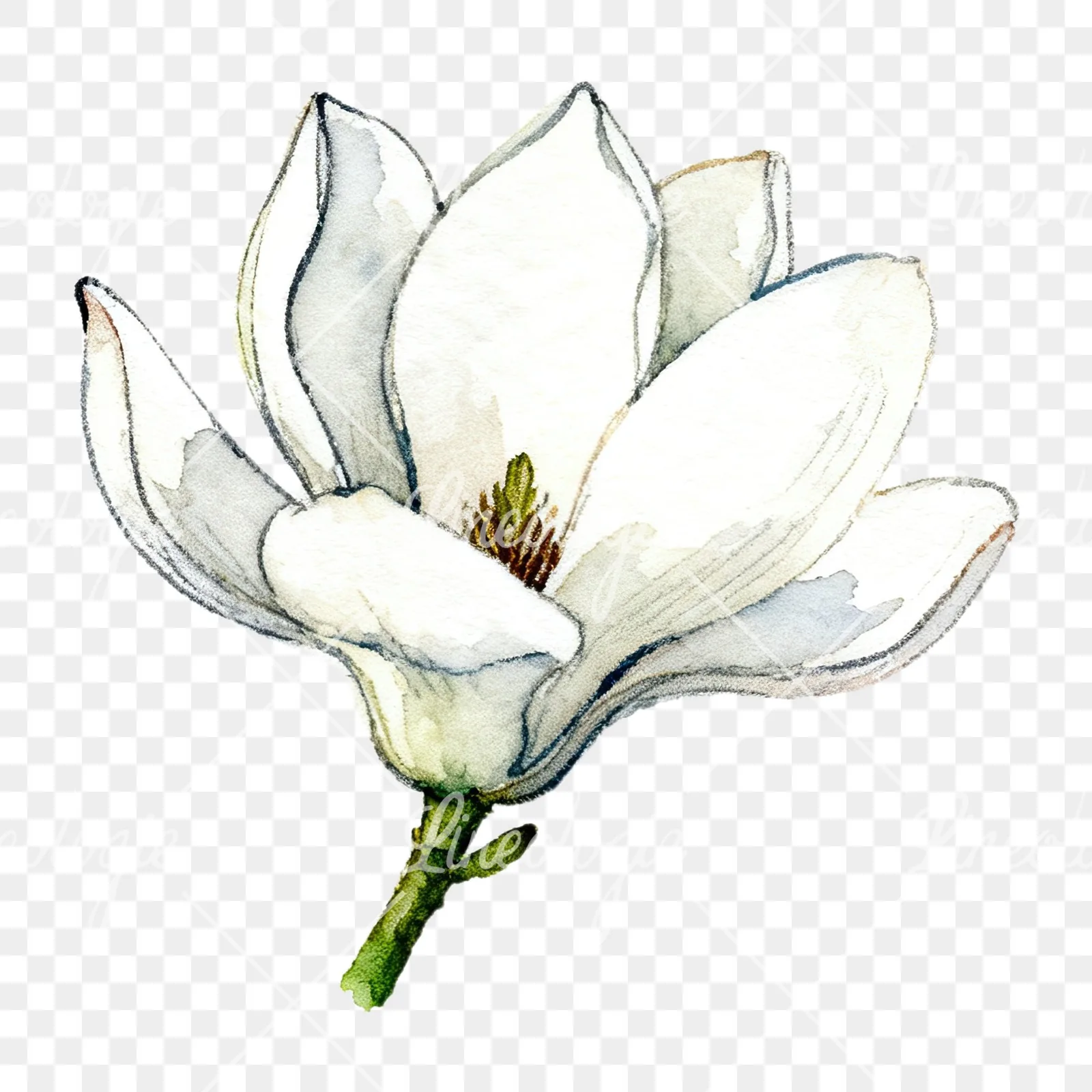 Watercolor white magnolia with closed buds clipart 4 of 12 on a transparent background (PNG)