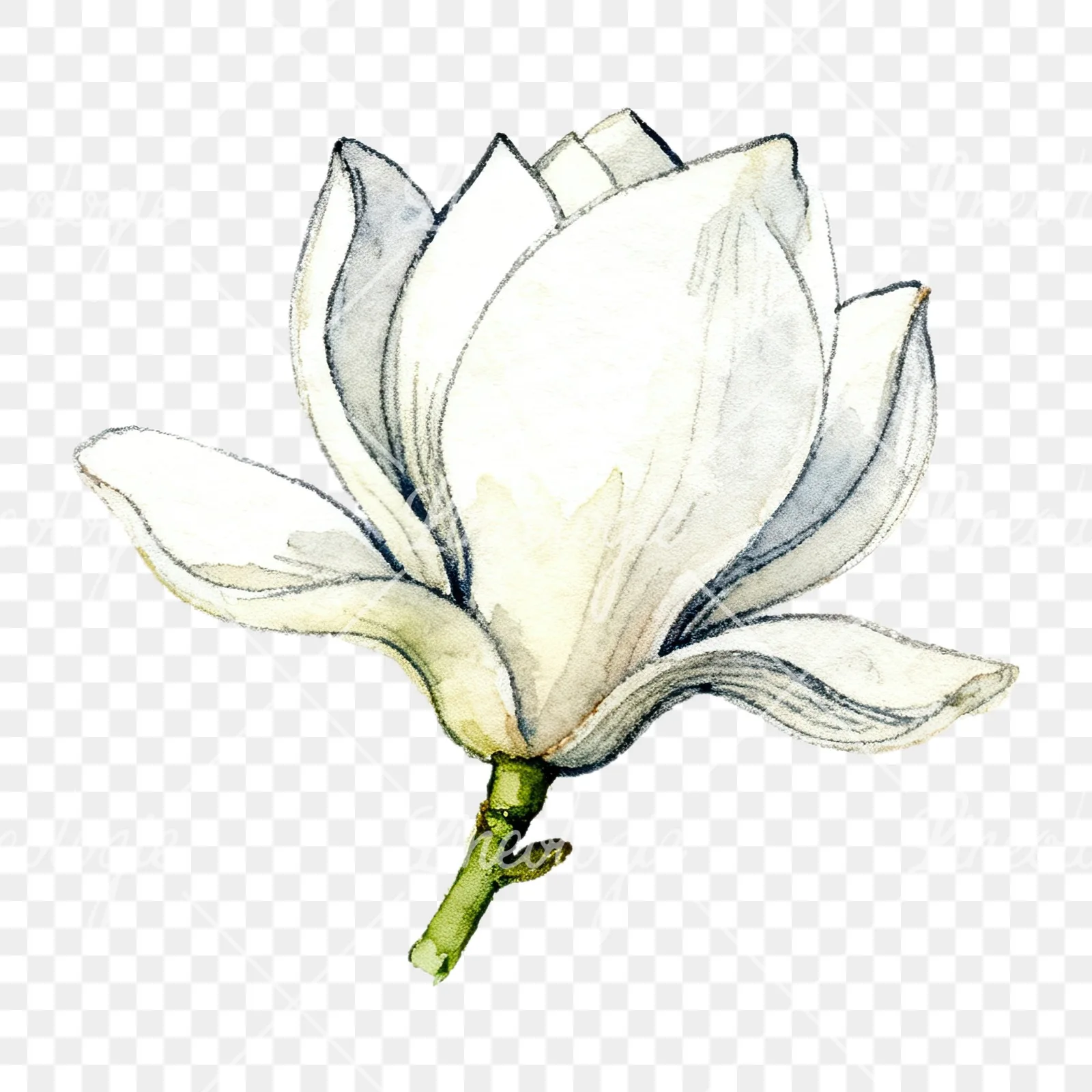 Watercolor white magnolia with closed buds clipart 6 of 12 on a transparent background (PNG)