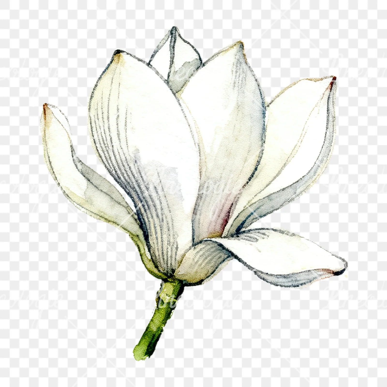 Watercolor white magnolia with closed buds clipart 7 of 12 on a transparent background (PNG)