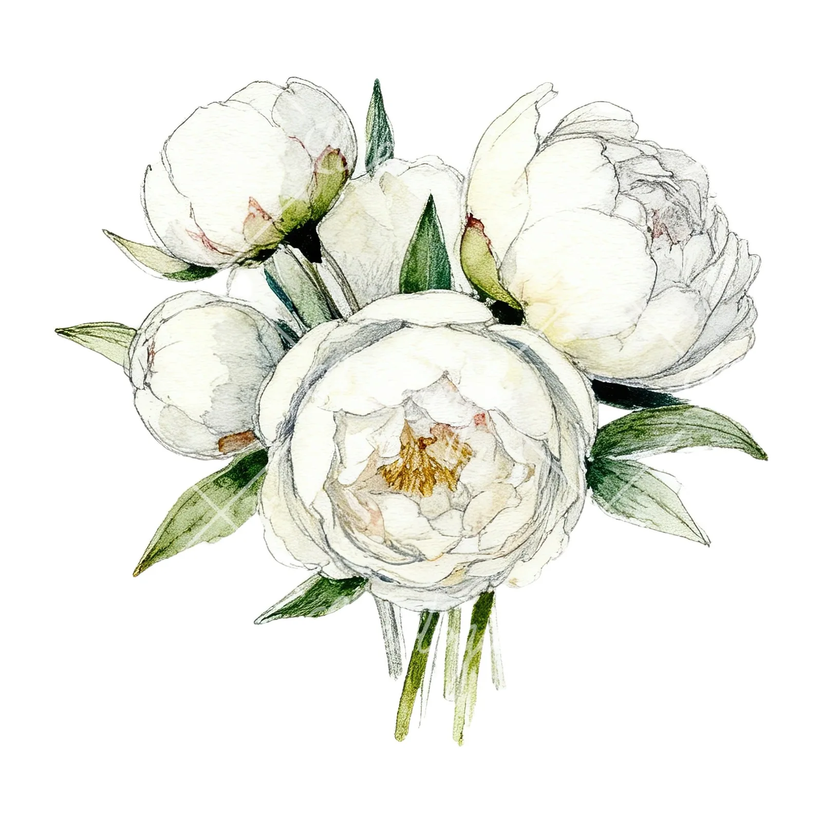 Watercolor white peony bouquet with cream accents clipart 1 of 12 on a white background (JPG)