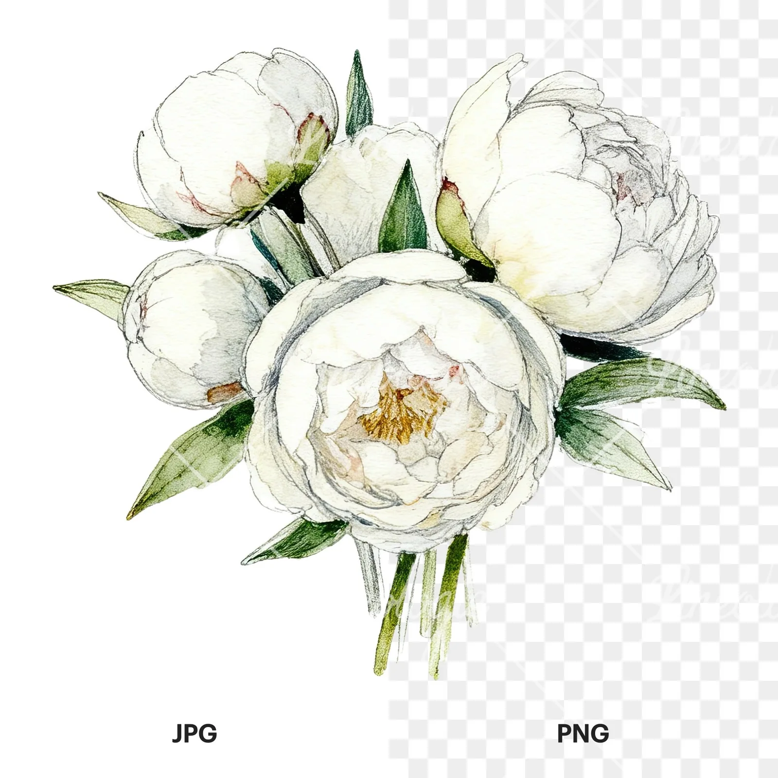 Watercolor white peony bouquet with cream accents clipart 1 of 12, as a JPG on white and a transparent PNG