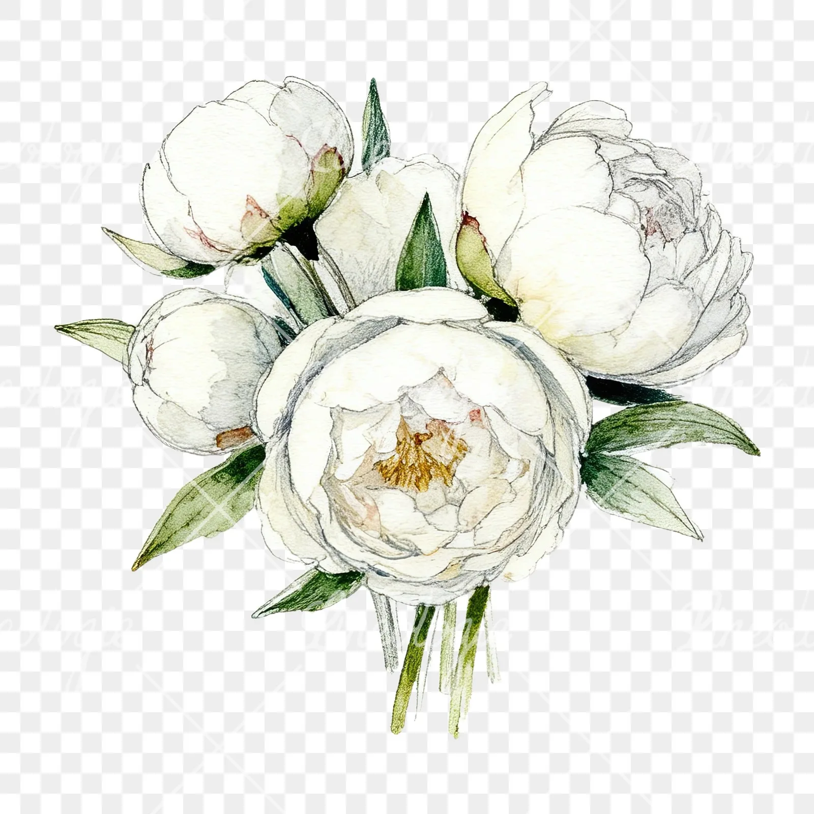 Watercolor white peony bouquet with cream accents clipart 1 of 12 on a transparent background (PNG)