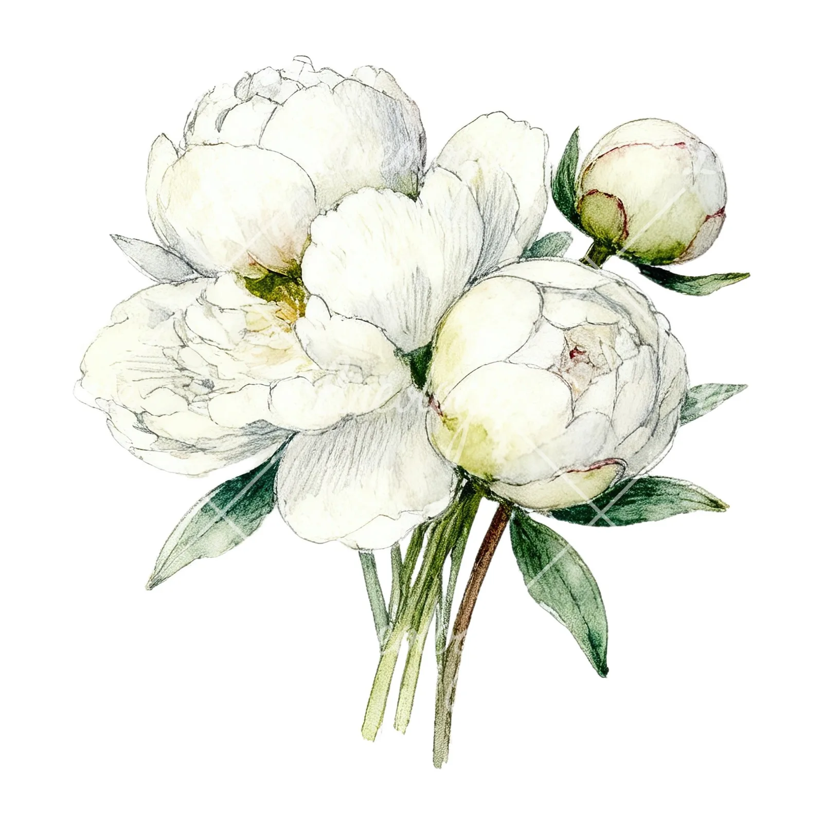 Watercolor white peony bouquet with cream accents clipart 2 of 12 on a white background (JPG)