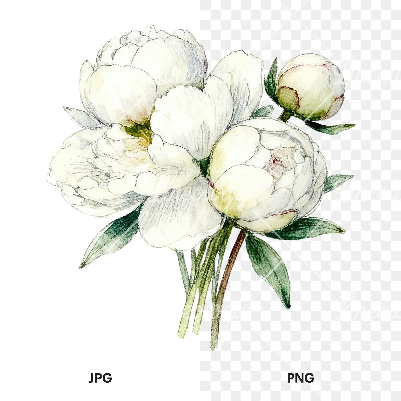 Watercolor white peony bouquet with cream accents clipart 2 of 12, as a JPG on white and a transparent PNG