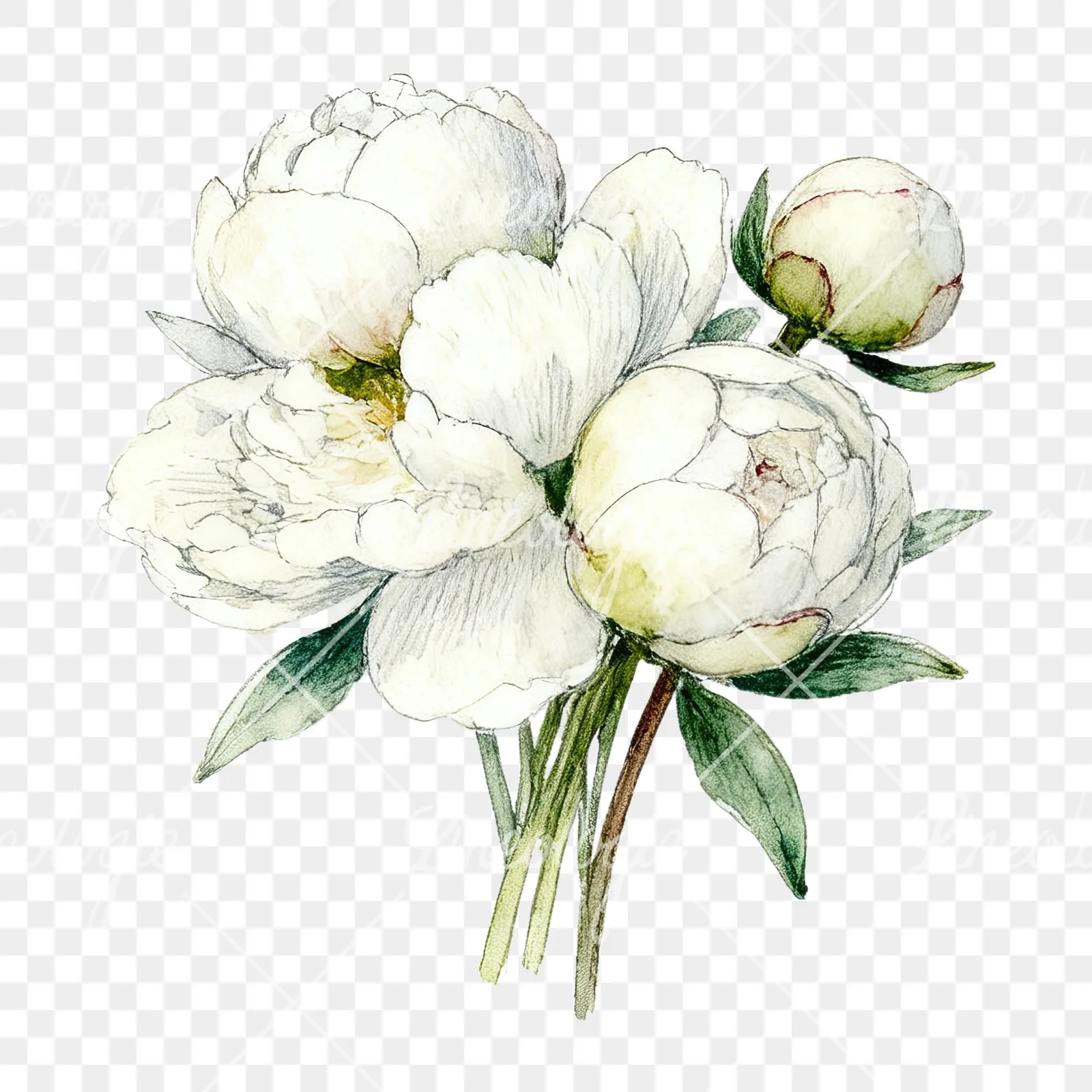 Watercolor white peony bouquet with cream accents clipart 2 of 12 on a transparent background (PNG)