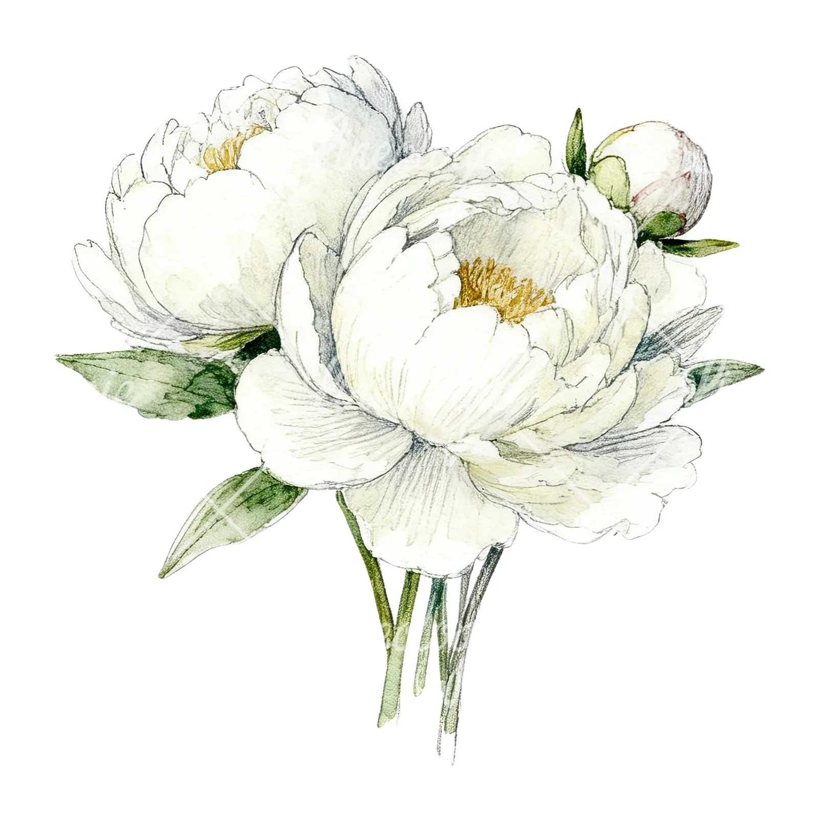 Watercolor white peony bouquet with cream accents clipart 3 of 12 on a white background (JPG)