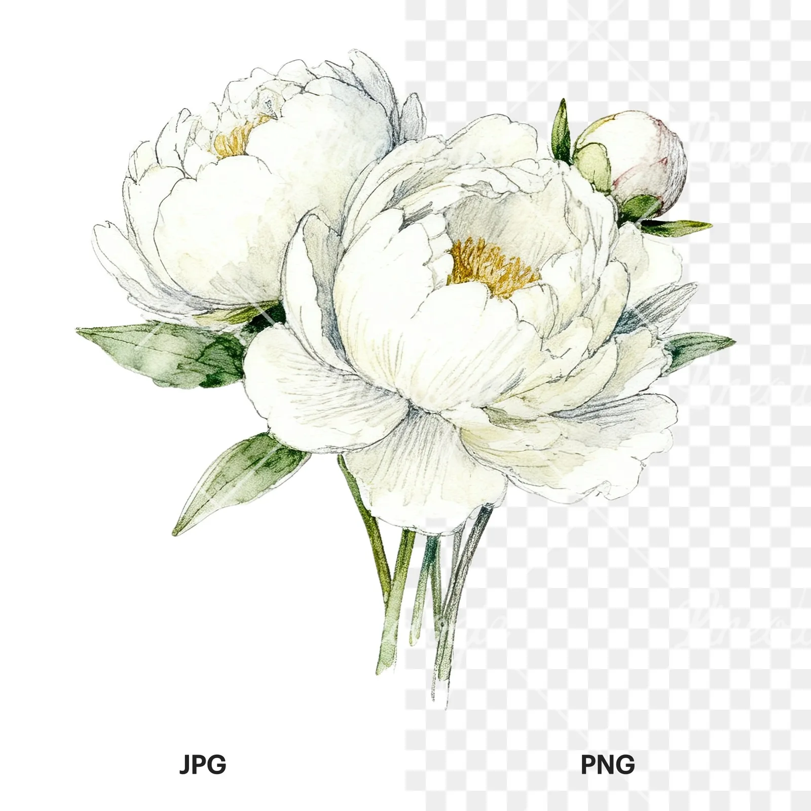 Watercolor white peony bouquet with cream accents clipart 3 of 12, as a JPG on white and a transparent PNG