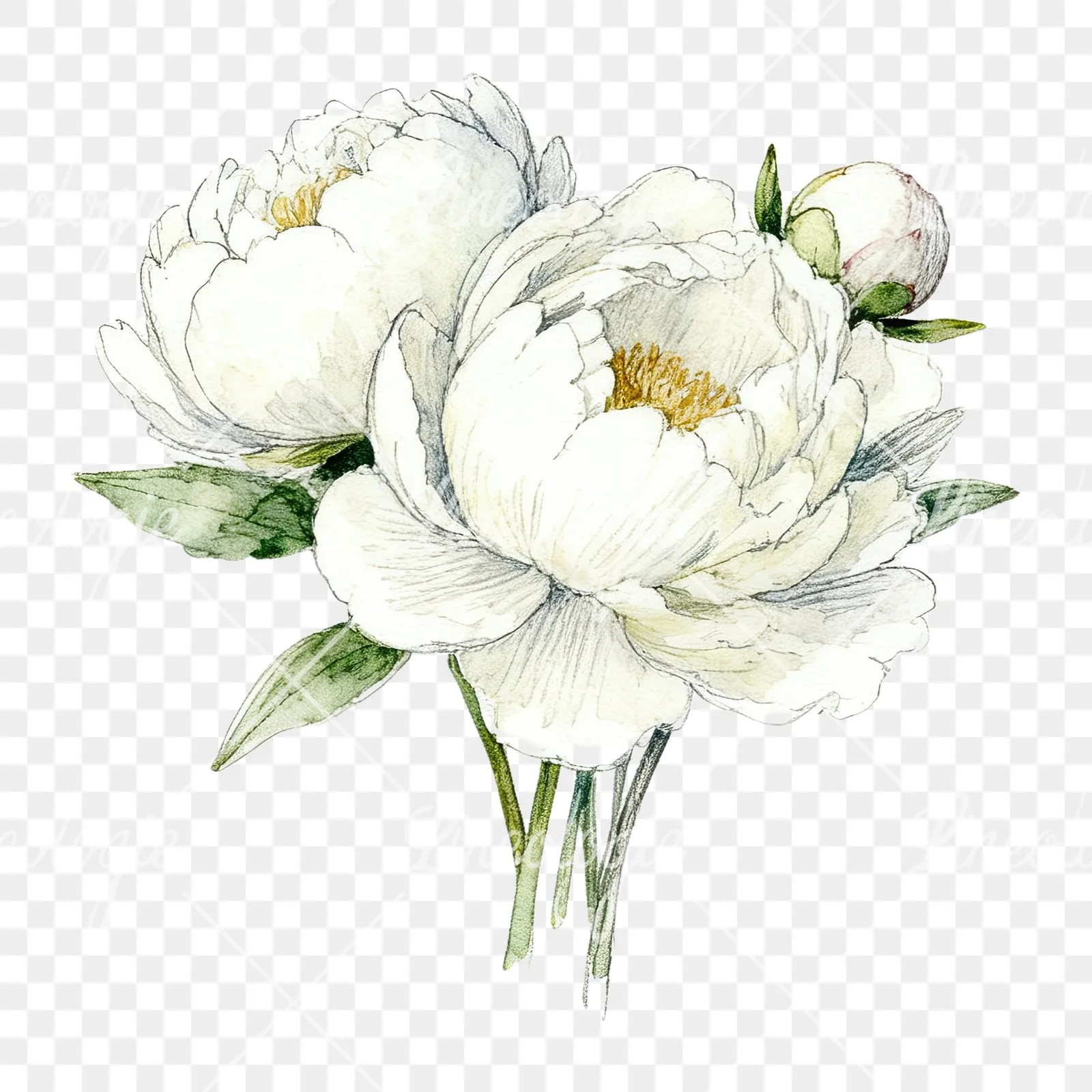 Watercolor white peony bouquet with cream accents clipart 3 of 12 on a transparent background (PNG)