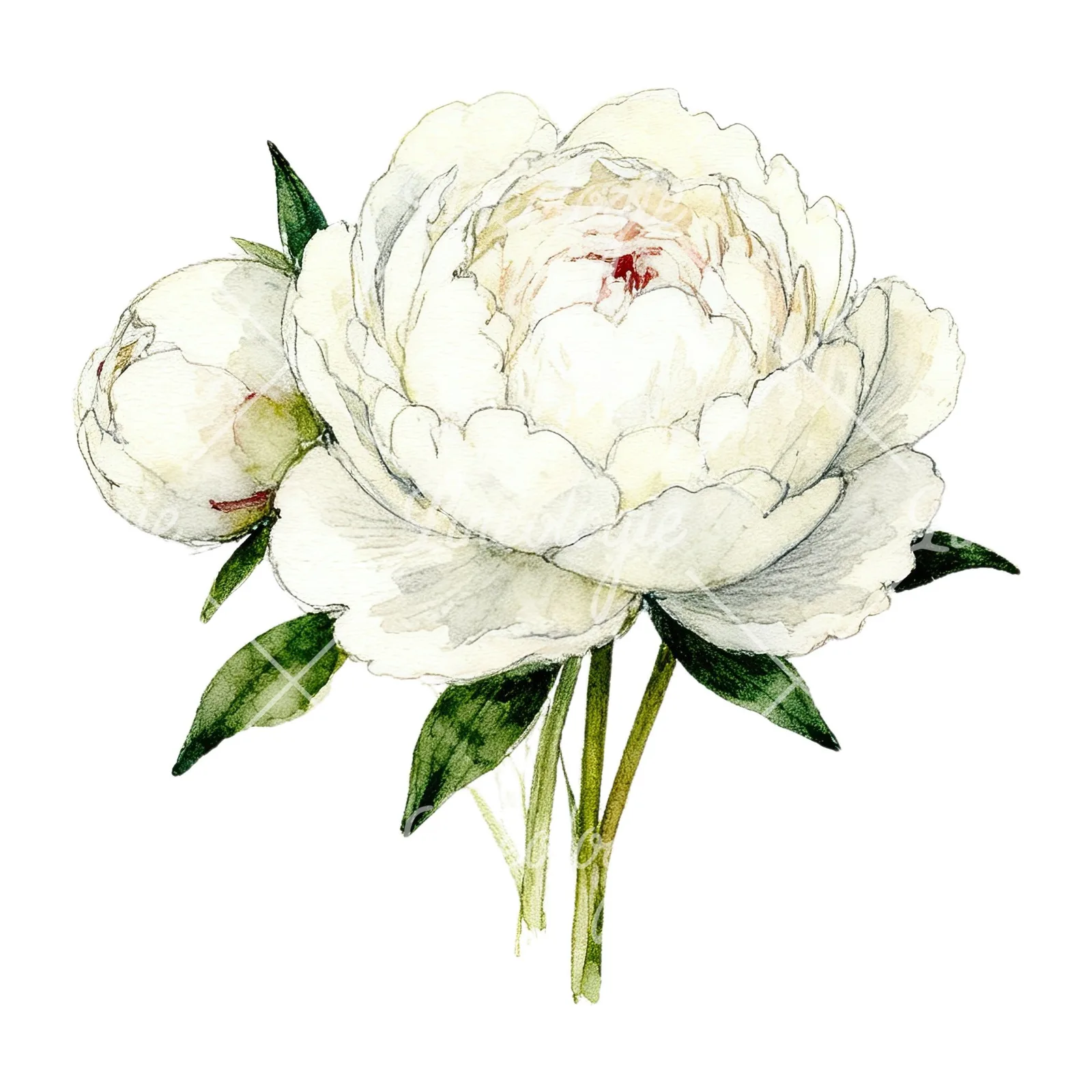 Watercolor white peony bouquet with cream accents clipart 4 of 12 on a white background (JPG)