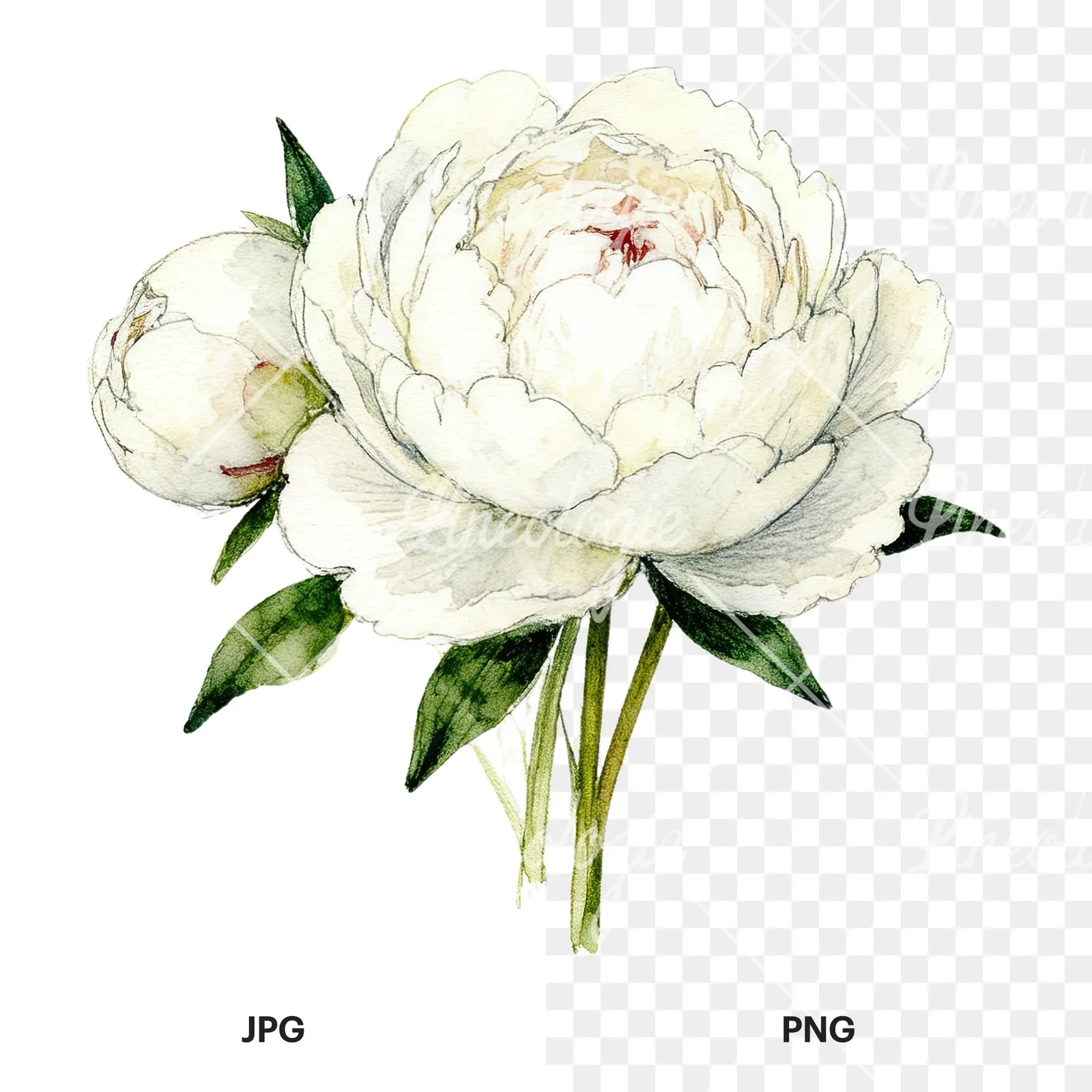Watercolor white peony bouquet with cream accents clipart 4 of 12, as a JPG on white and a transparent PNG