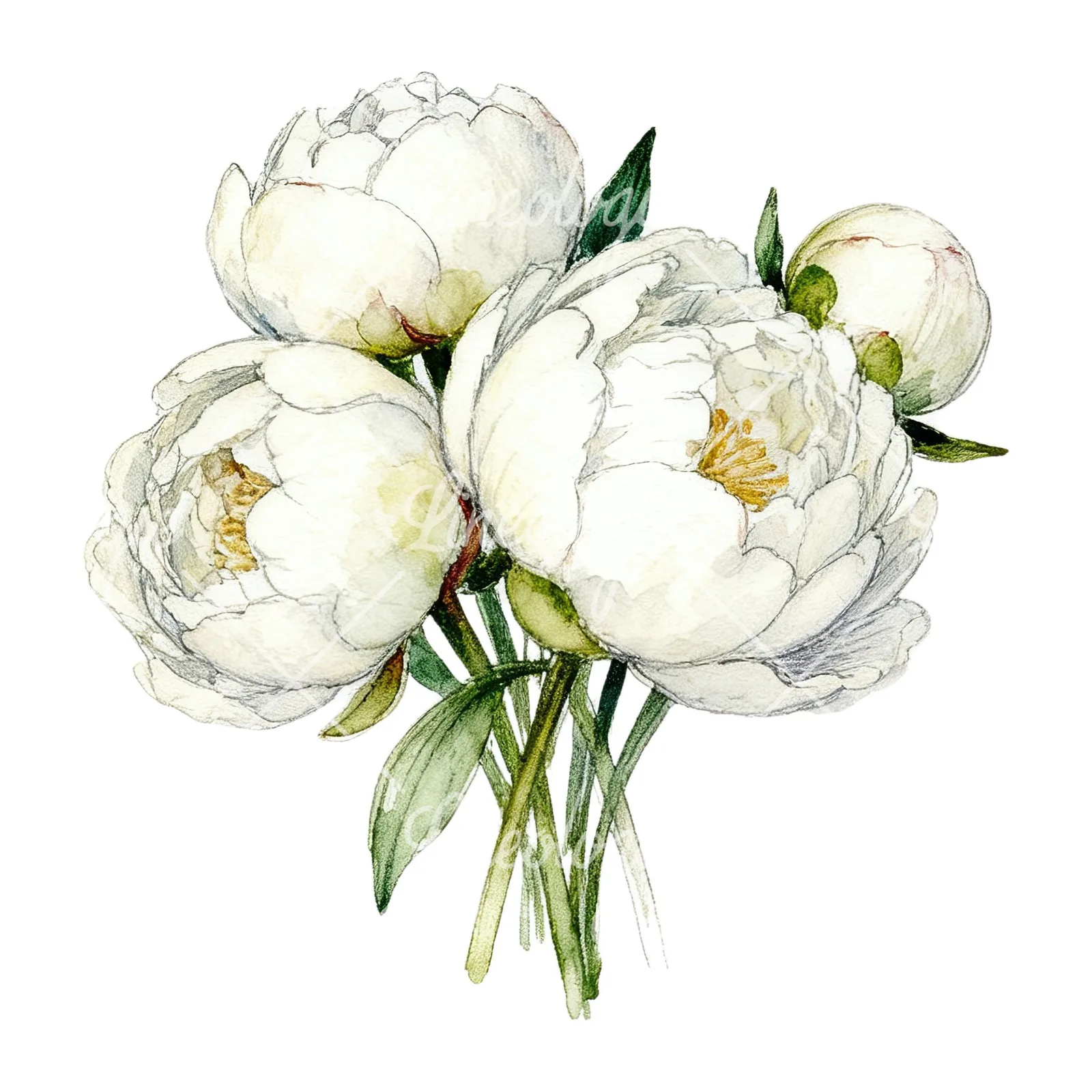 Watercolor white peony bouquet with cream accents clipart 5 of 12 on a white background (JPG)