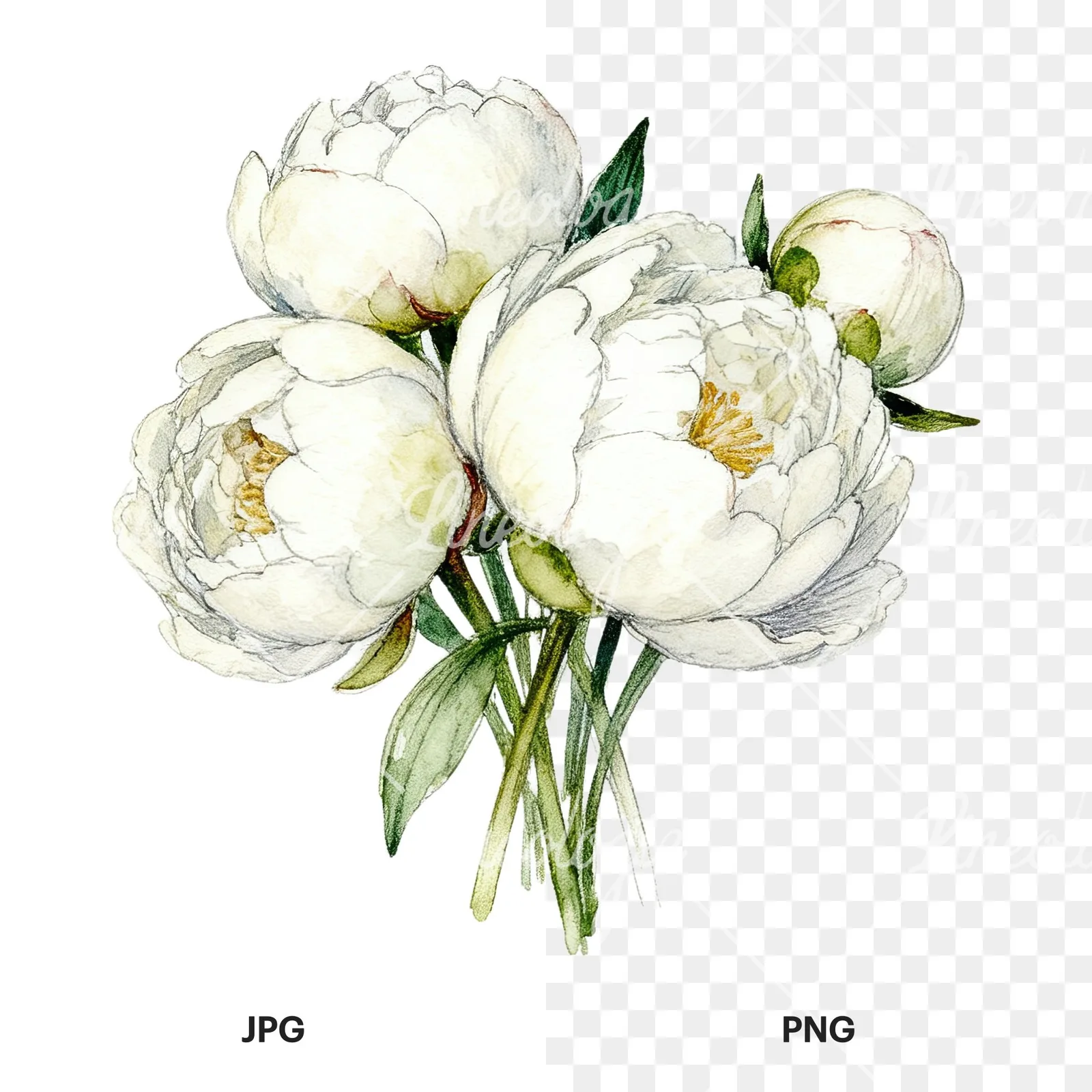 Watercolor white peony bouquet with cream accents clipart 5 of 12, as a JPG on white and a transparent PNG