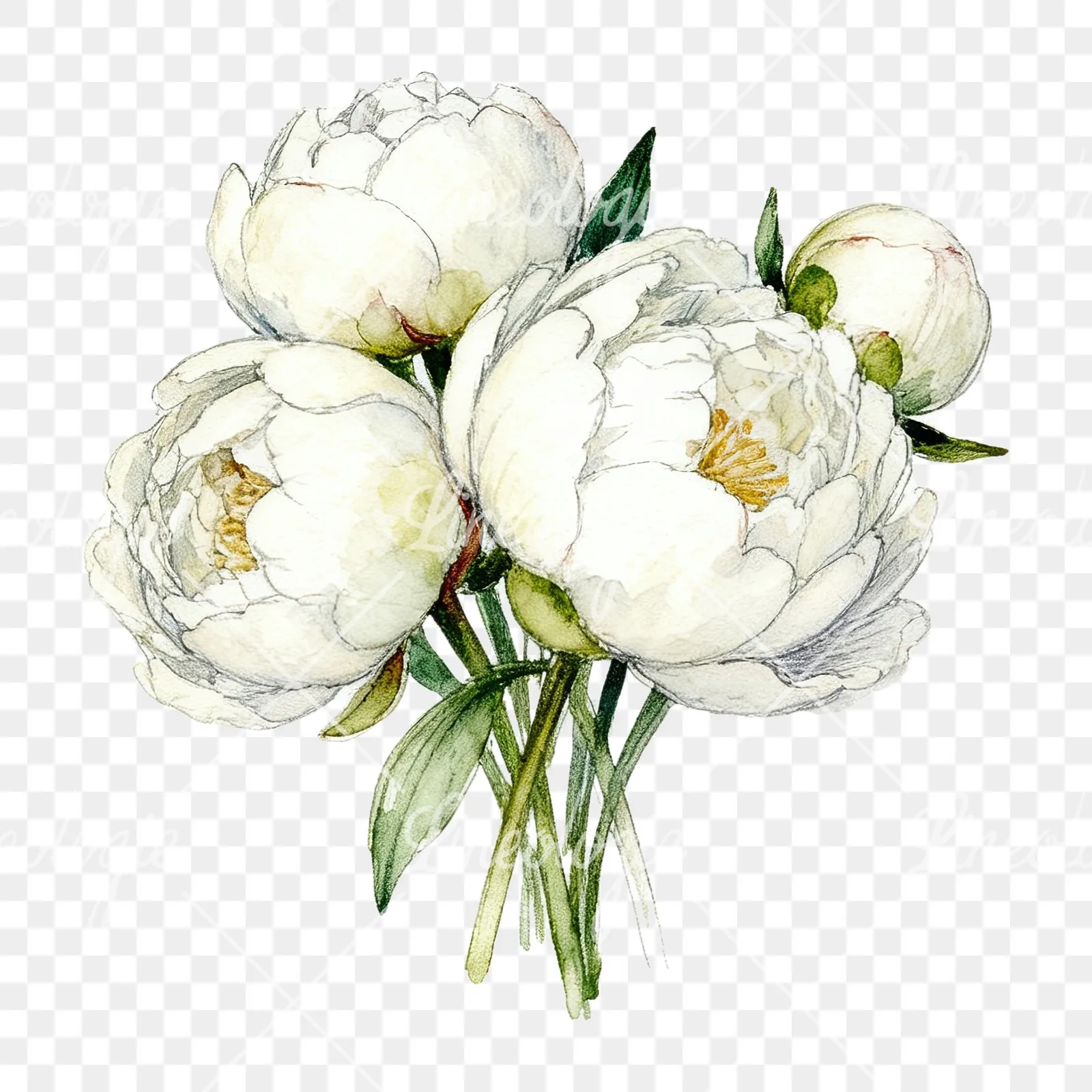 Watercolor white peony bouquet with cream accents clipart 5 of 12 on a transparent background (PNG)