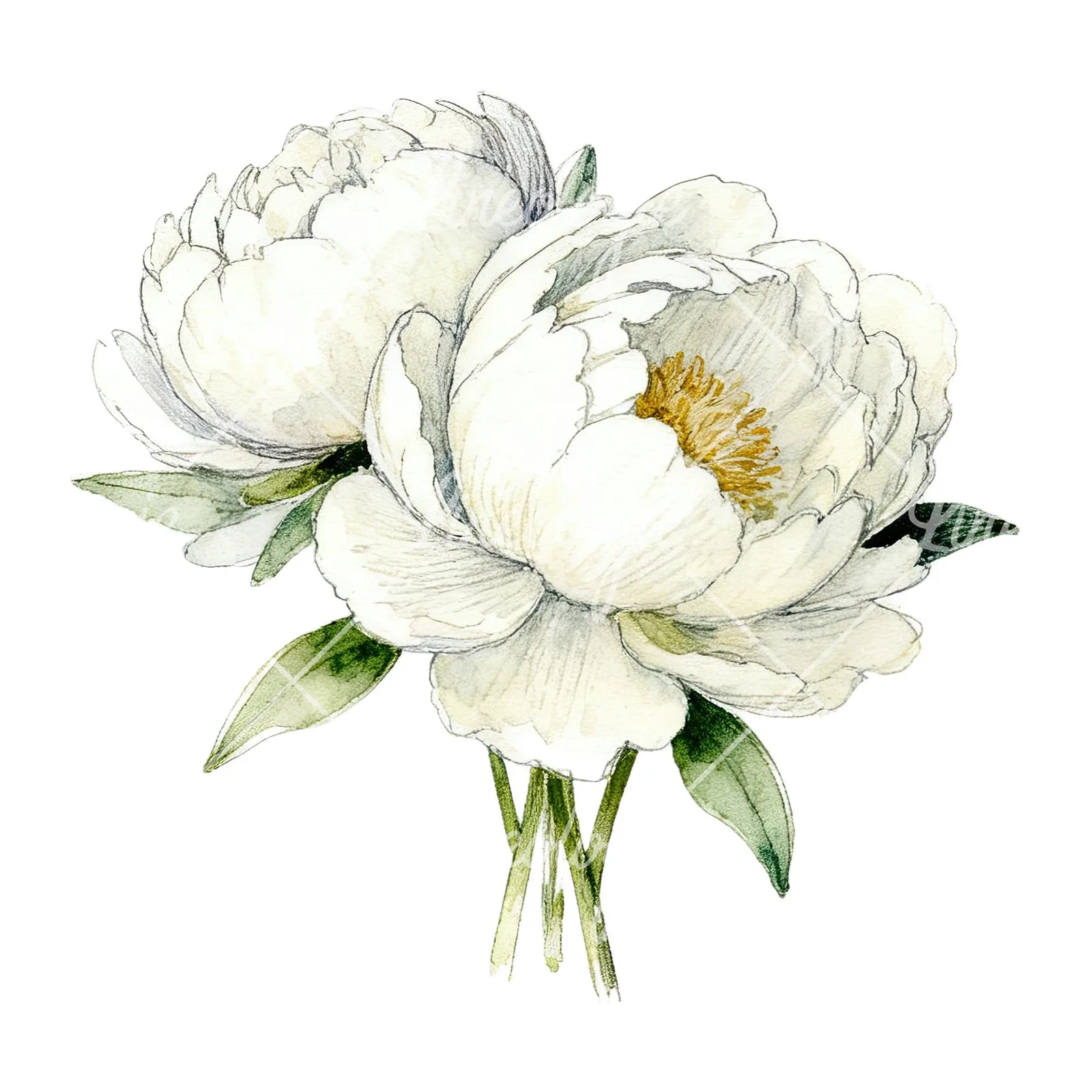 Watercolor white peony bouquet with cream accents clipart 6 of 12 on a white background (JPG)