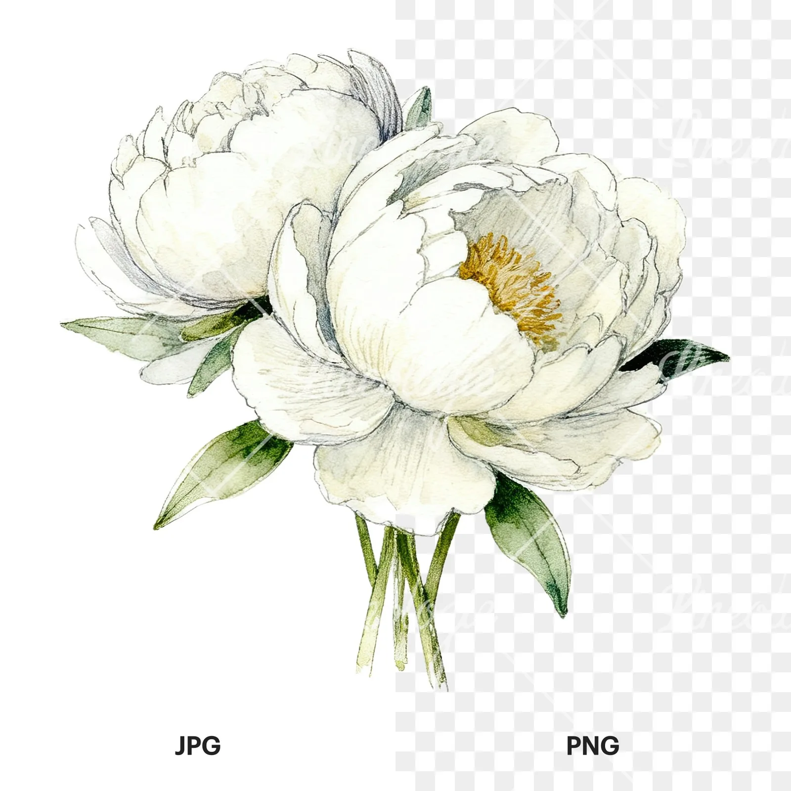 Watercolor white peony bouquet with cream accents clipart 6 of 12, as a JPG on white and a transparent PNG