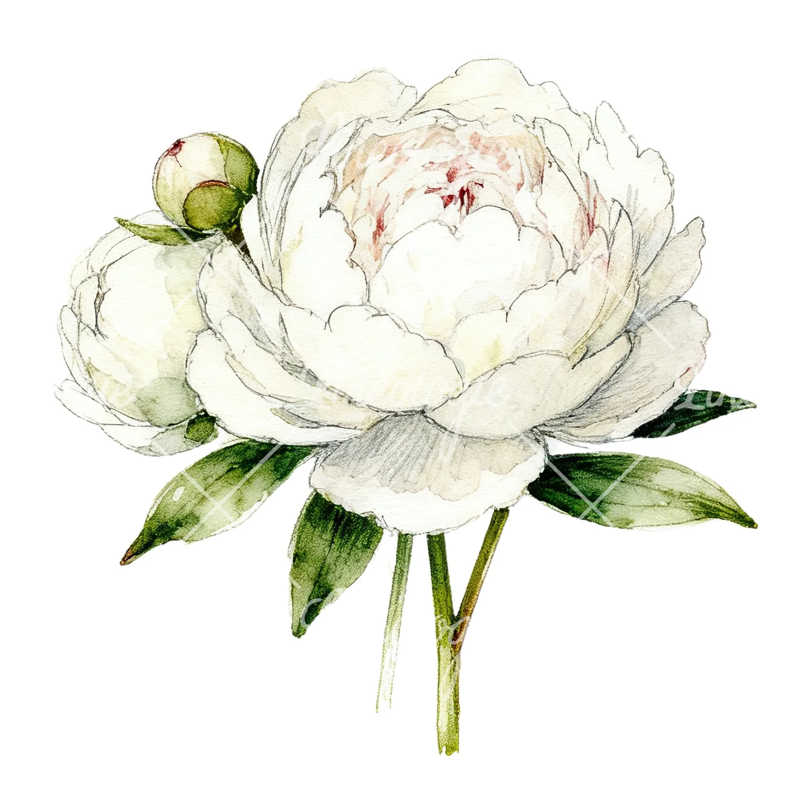 Watercolor white peony bouquet with cream accents clipart 7 of 12 on a white background (JPG)