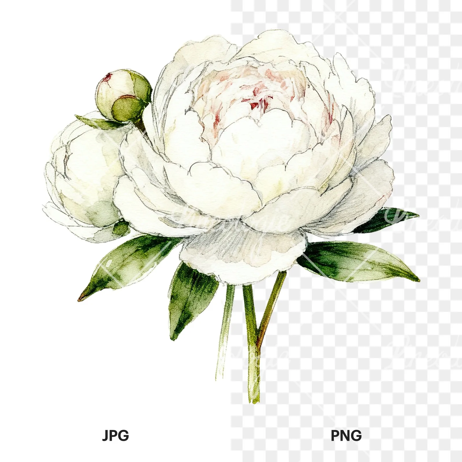 Watercolor white peony bouquet with cream accents clipart 7 of 12, as a JPG on white and a transparent PNG