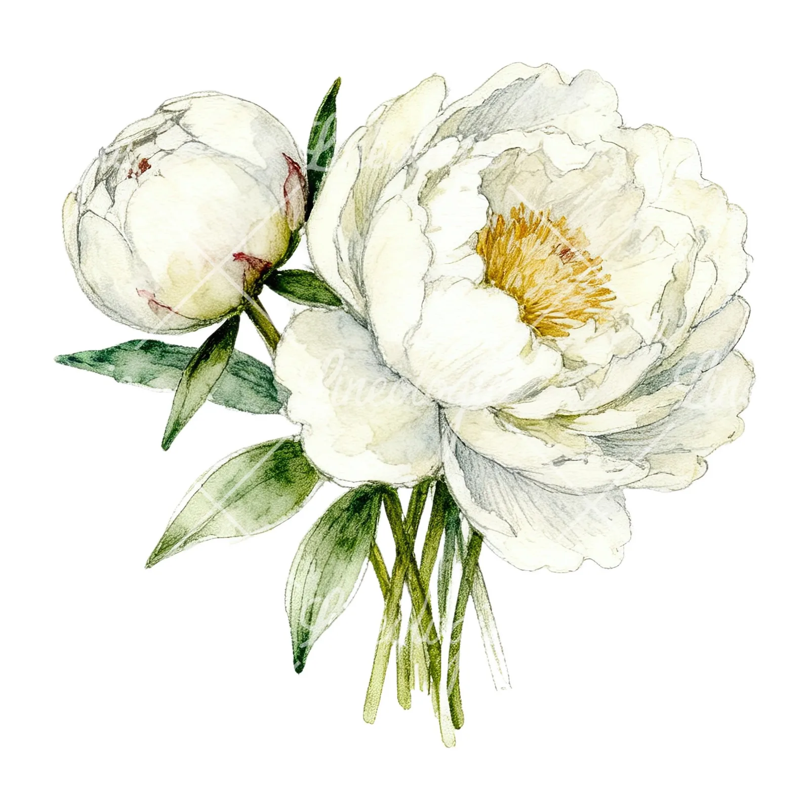 Watercolor white peony bouquet with cream accents clipart 8 of 12 on a white background (JPG)