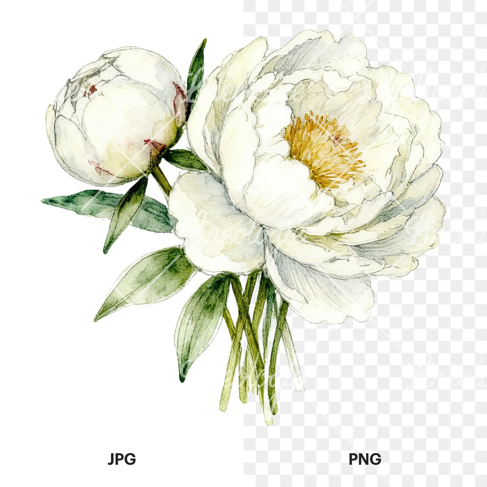 Watercolor white peony bouquet with cream accents clipart 8 of 12, as a JPG on white and a transparent PNG