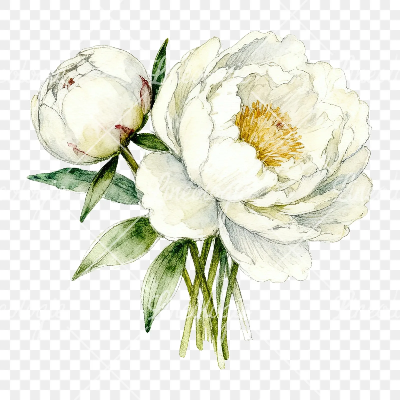 Watercolor white peony bouquet with cream accents clipart 8 of 12 on a transparent background (PNG)