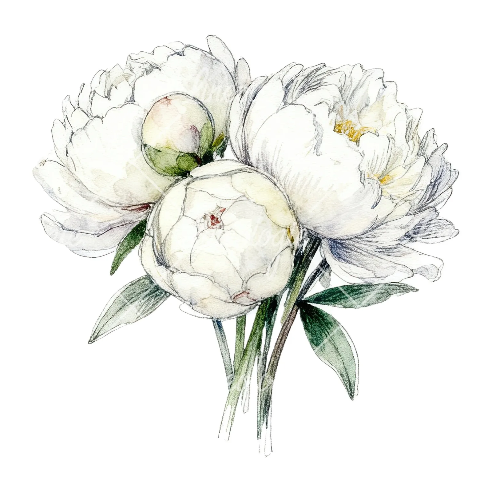 Watercolor white peony bouquet with cream accents clipart 9 of 12 on a white background (JPG)