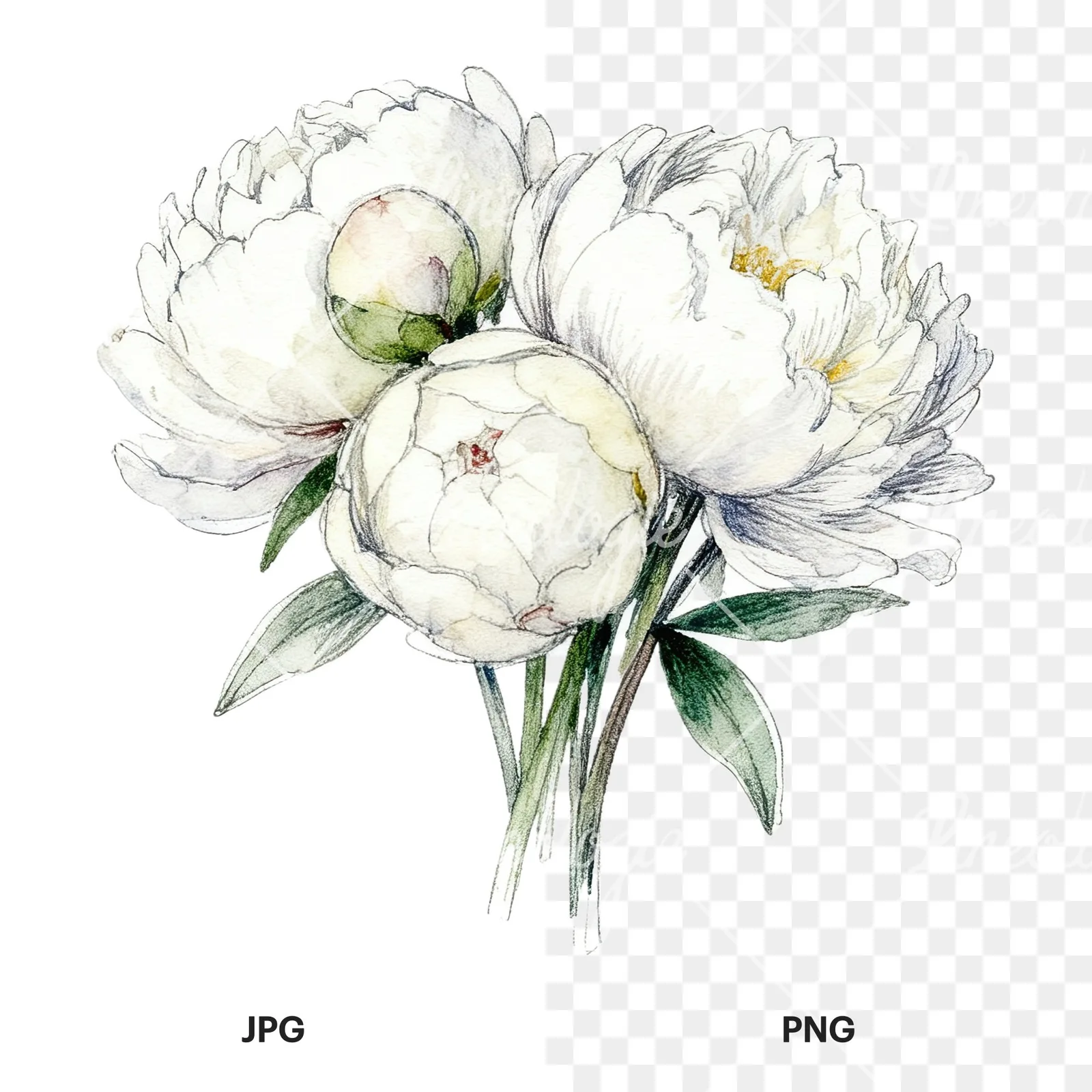 Watercolor white peony bouquet with cream accents clipart 9 of 12, as a JPG on white and a transparent PNG