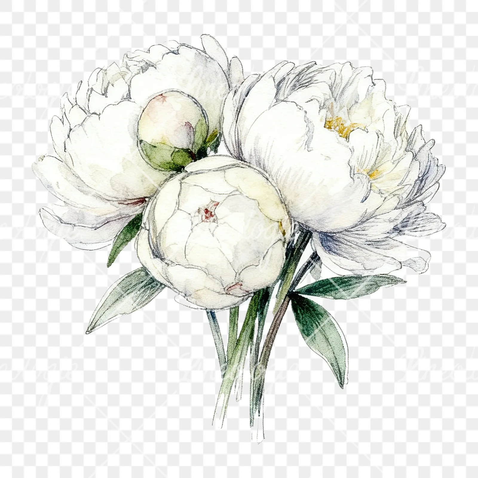 Watercolor white peony bouquet with cream accents clipart 9 of 12 on a transparent background (PNG)