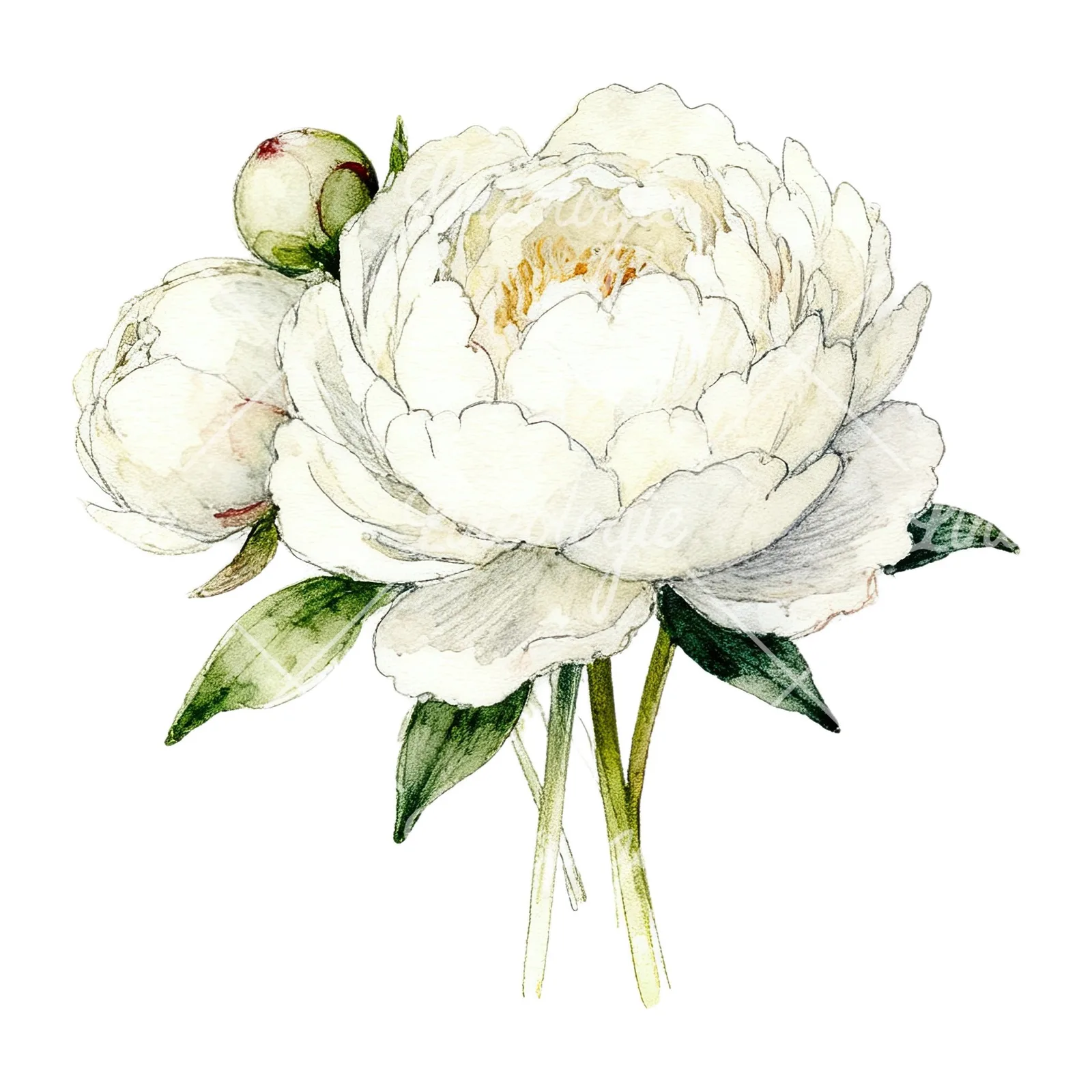 Watercolor white peony bouquet with cream accents clipart 10 of 12 on a white background (JPG)
